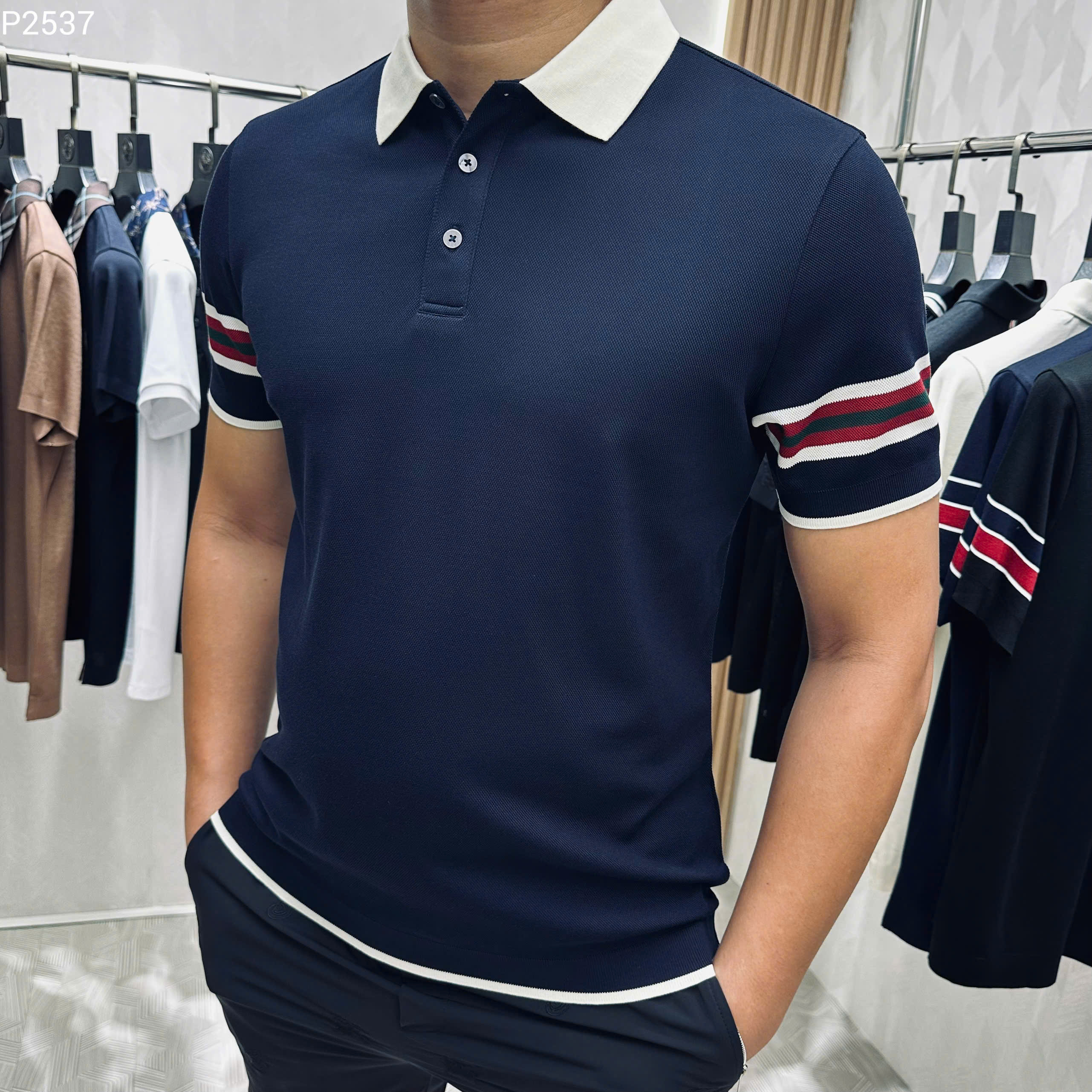 Áo polo Gucci GC Xanh than phối cổ kẻ sọc màu tay Like Auth MK