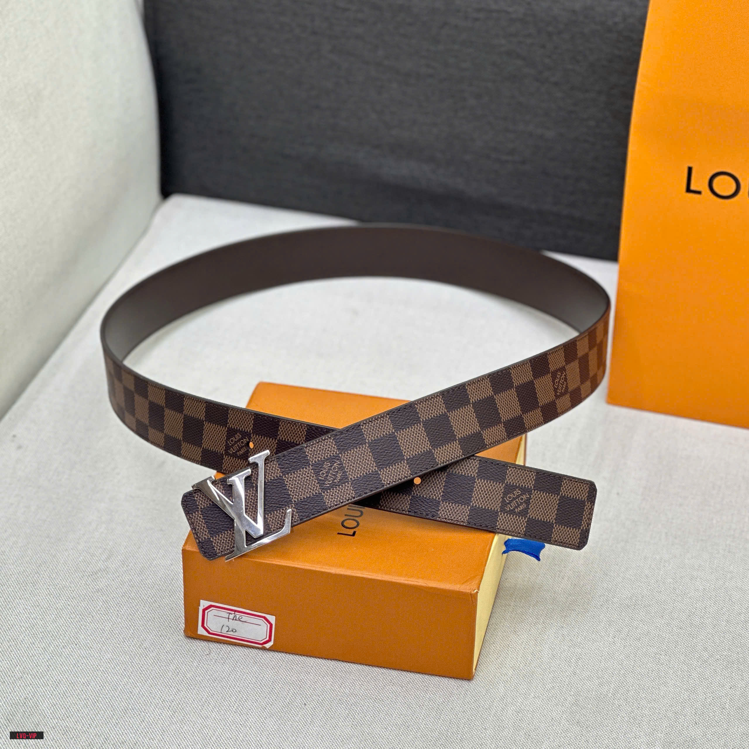 1445 Thắt lưng, belt Louis Vuitton LV Nâu caro mặt logo Bạc Like Auth fullbox bill thẻ LVQ