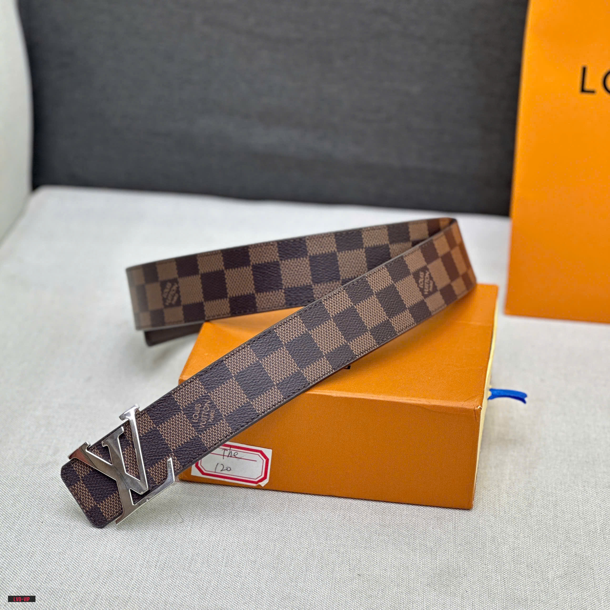 1445 Thắt lưng, belt Louis Vuitton LV Nâu caro mặt logo Bạc Like Auth fullbox bill thẻ LVQ