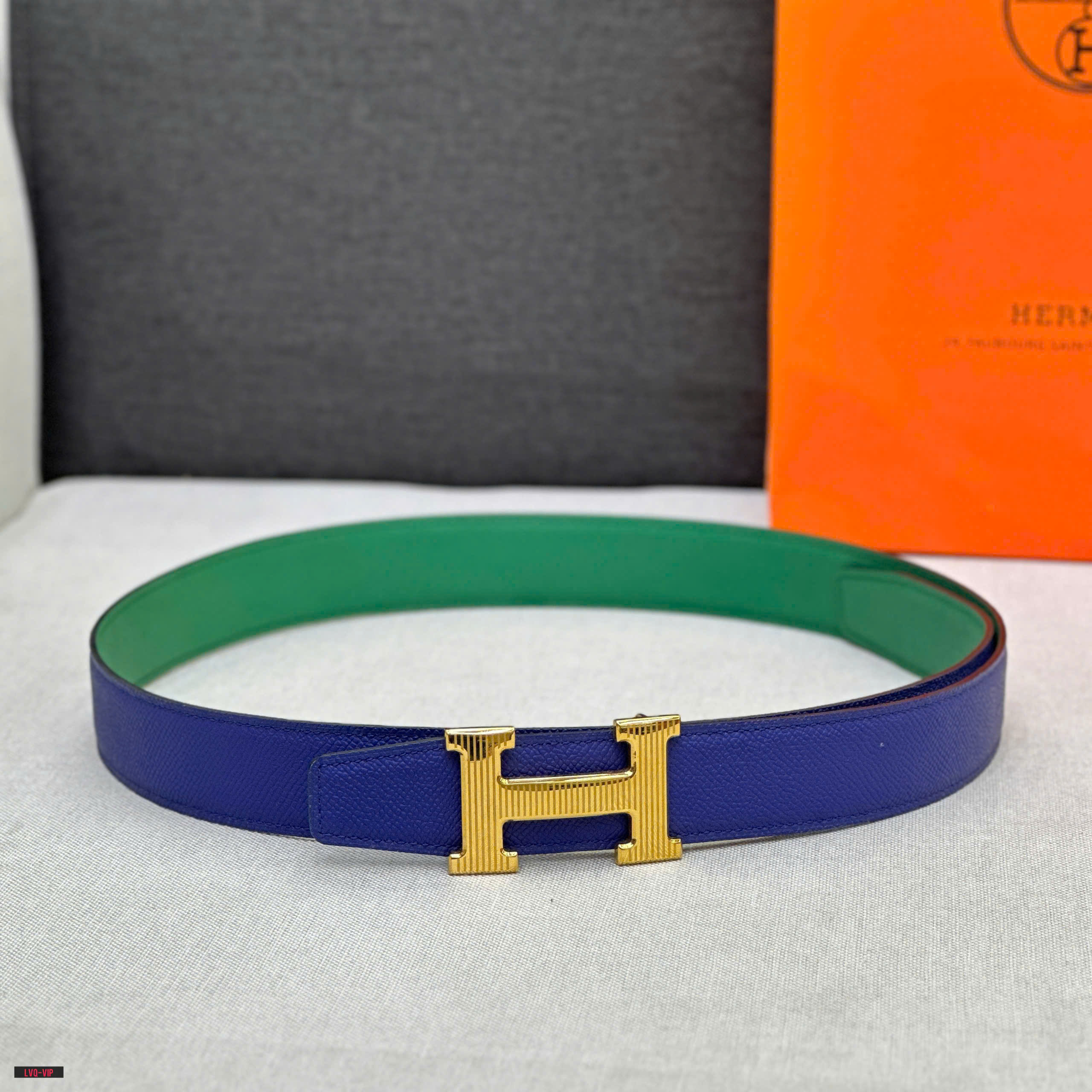 Thắt lưng, belt Hermes HM Xanh than phối Xanh lá mặt logo Vàng kẻ sọc Like Auth fullbox bill thẻ LVQ