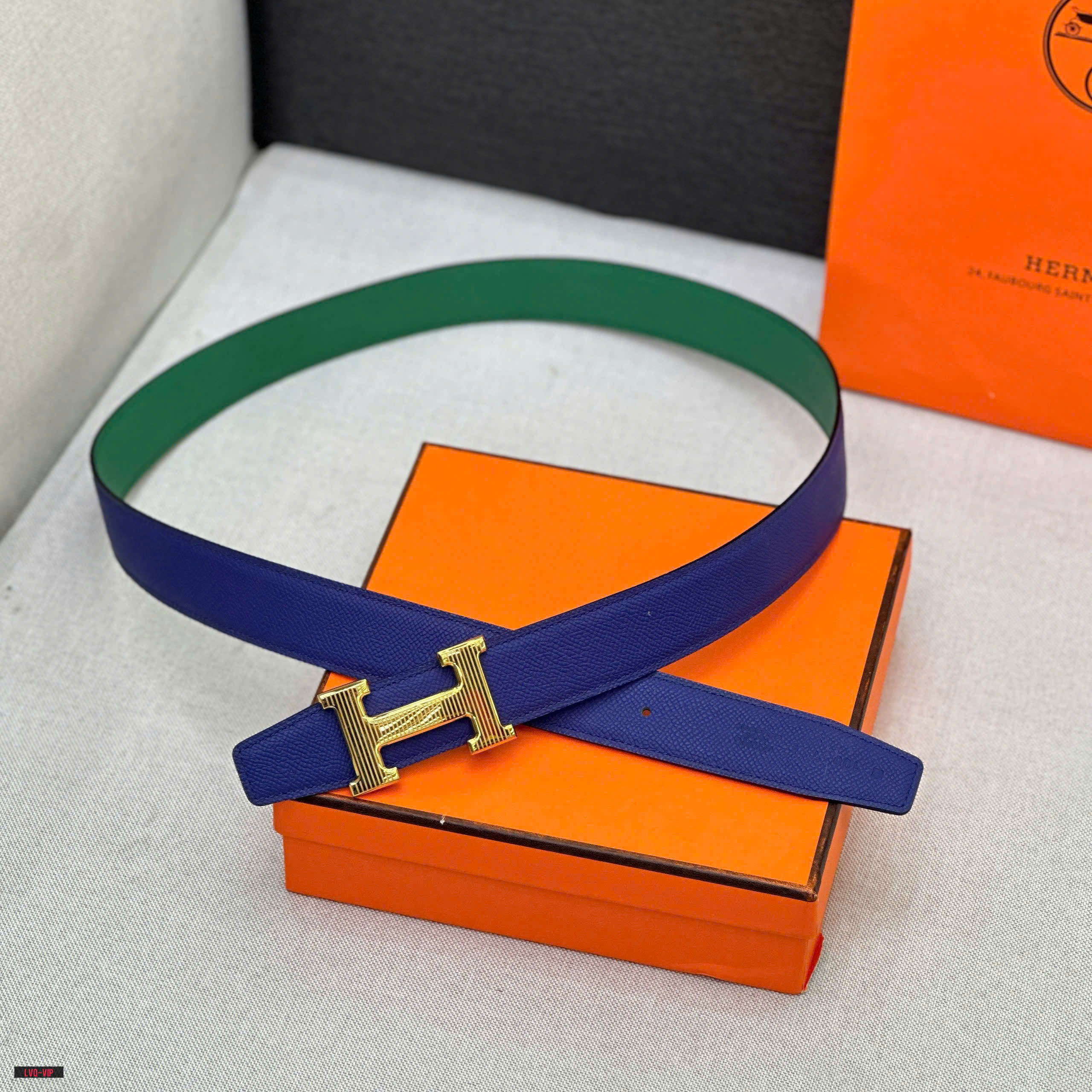 Thắt lưng, belt Hermes HM Xanh than phối Xanh lá mặt logo Vàng kẻ sọc Like Auth fullbox bill thẻ LVQ