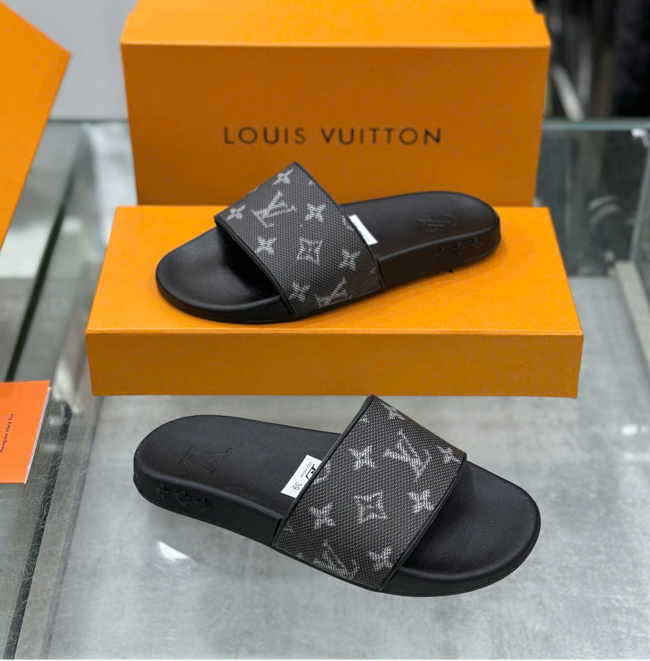 Dép lê quai ngang Louis Vuitton LV Đen họa tiết hoa vân logo LV Trắng nhòe viền nổi Like Auth on web fullbox bill thẻ DDT