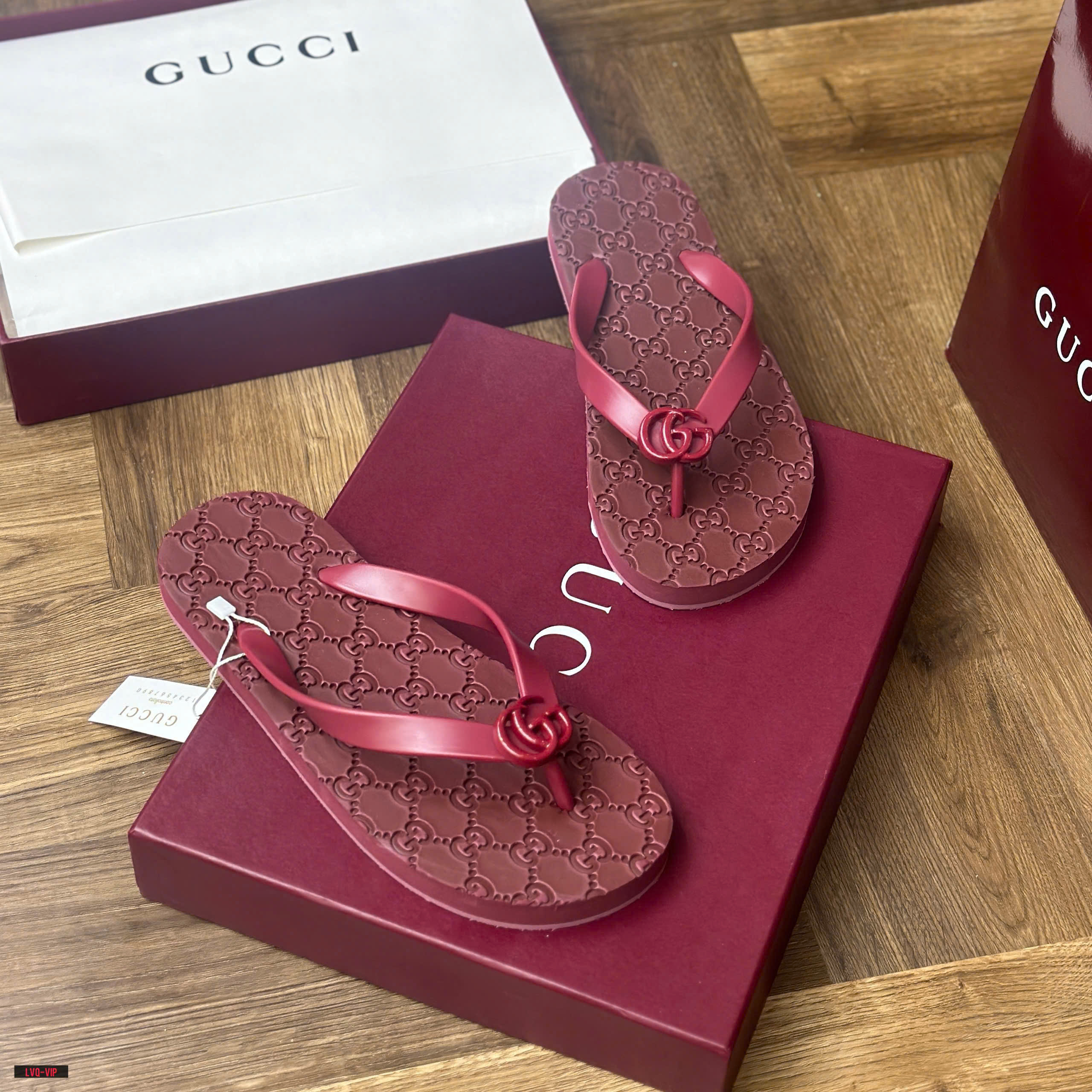 Dép tông, xỏ ngón Gucci GC Đỏ logo GG họa tiết monogram dập chìm đế Like Auth fullbox bill thẻ LVQ