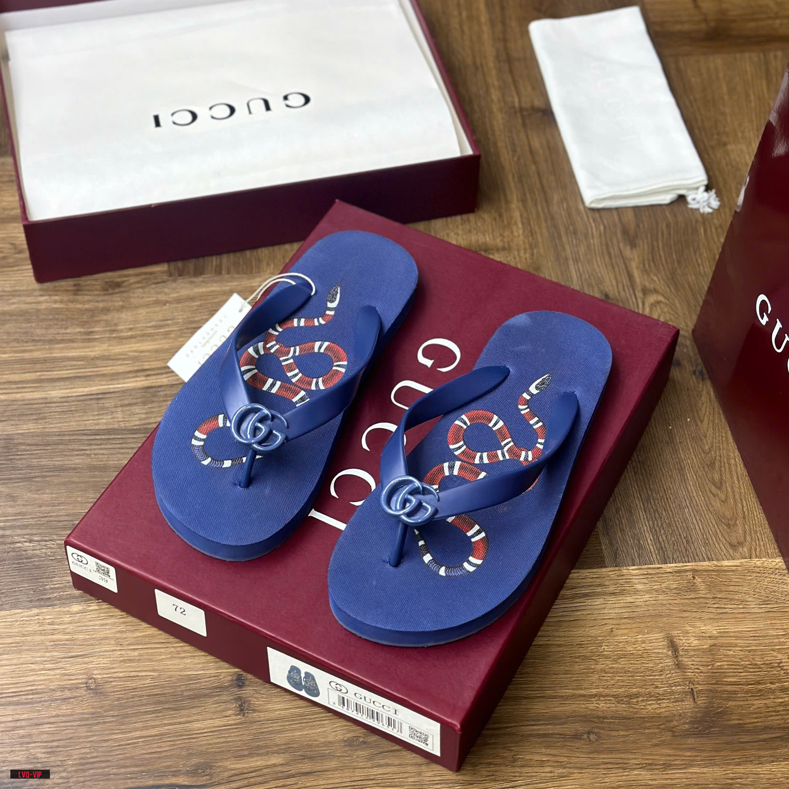 Dép tông, xỏ ngón Gucci GC Xanh logo GG họa tiết Rắn đỏ đế Like Auth fullbox bill thẻ LVQ