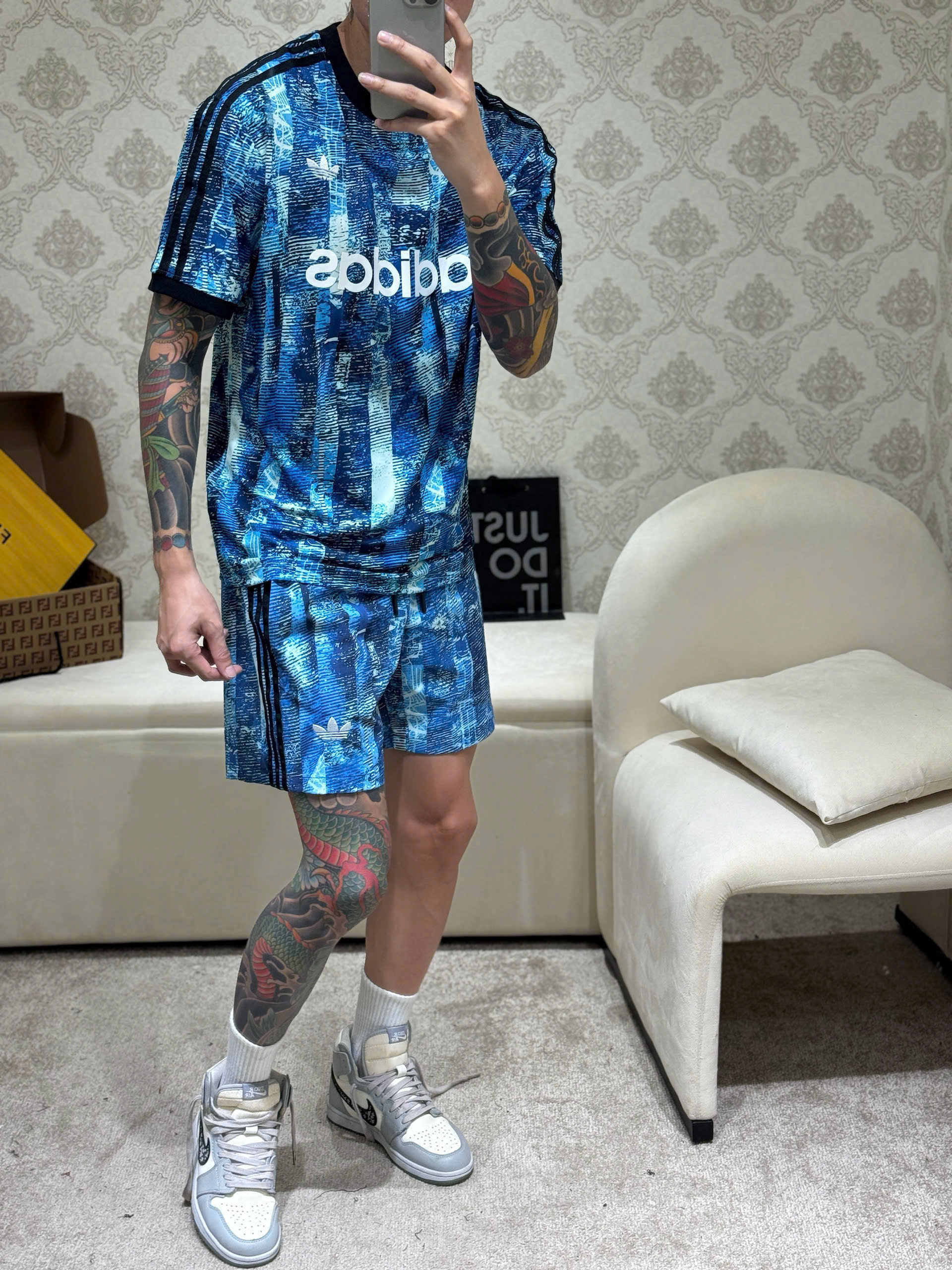 Bộ, set hè Adidas A Xanh loang logo chữ kẻ sọc viền Like Auth NV