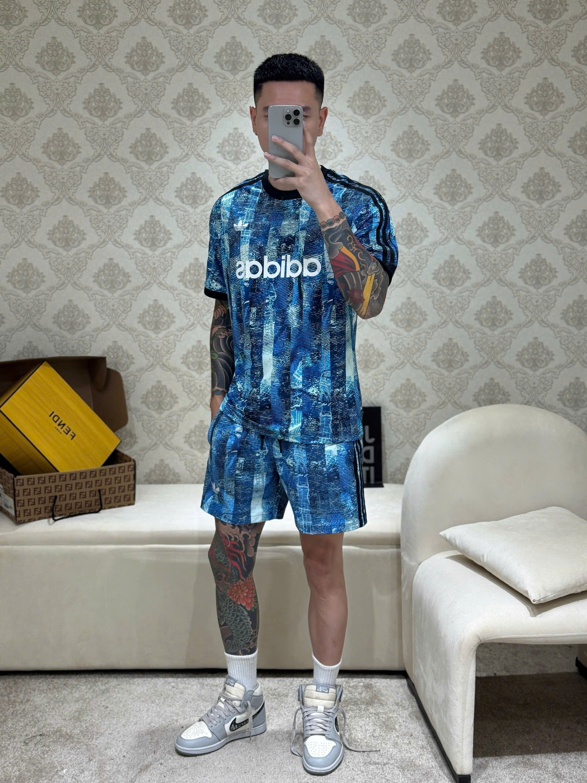 Bộ, set hè Adidas A Xanh loang logo chữ kẻ sọc viền Like Auth NV