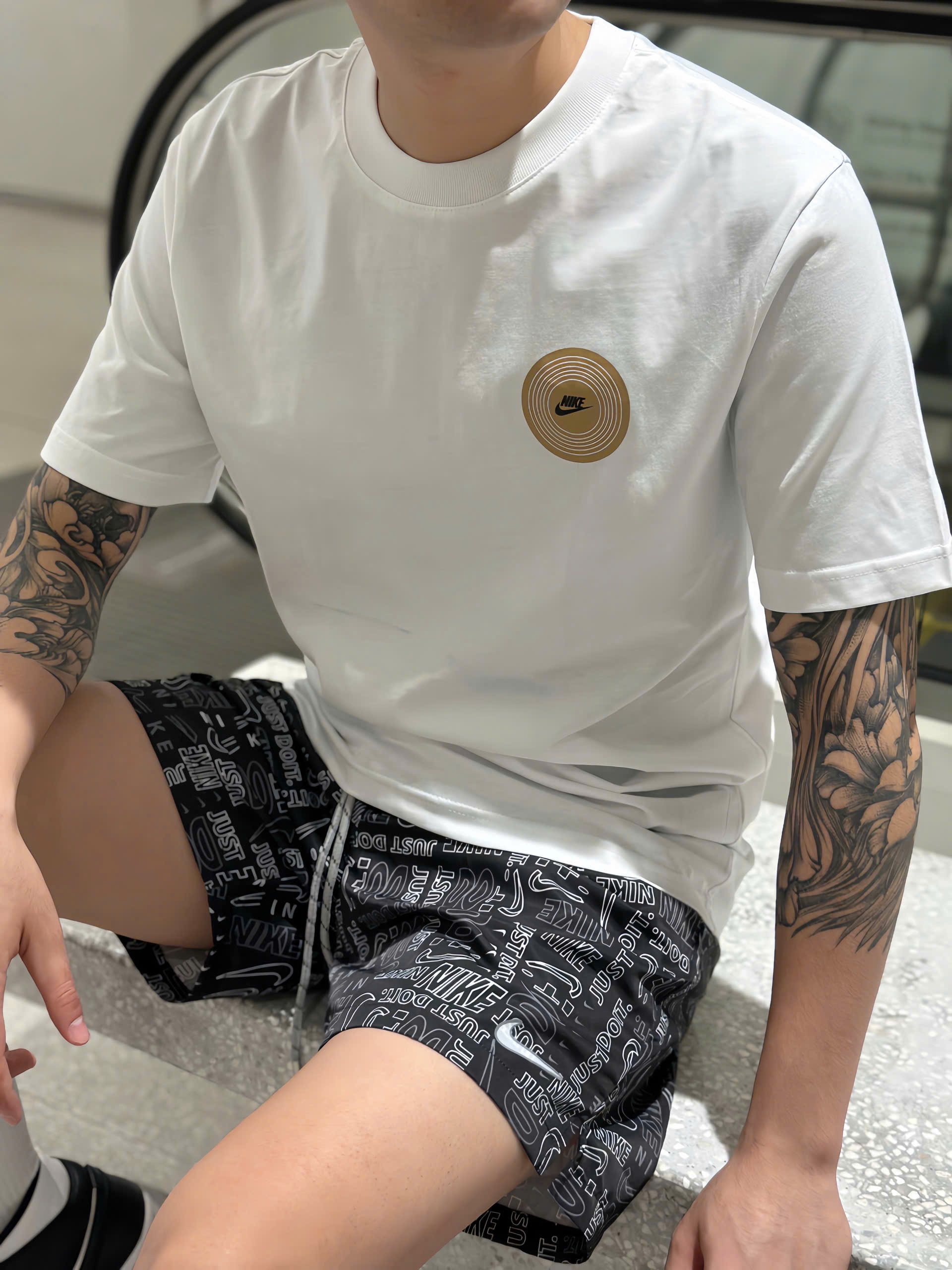 Bộ, set hè Nike NK họa tiết logo chữ Đen phối Trắng Like Auth NV