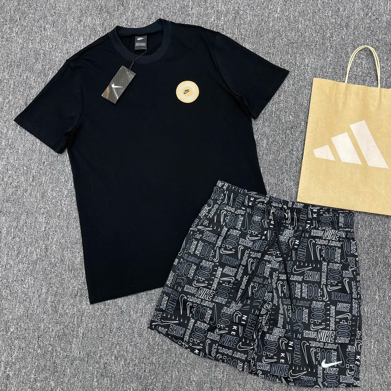 Bộ, set hè Nike NK họa tiết logo chữ Đen phối Trắng Like Auth NV