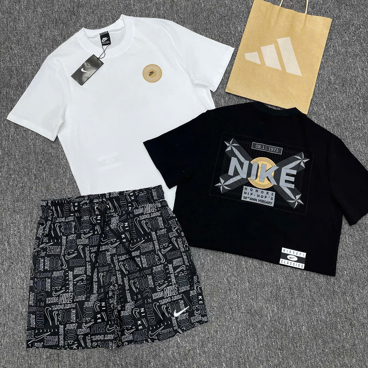 Bộ, set hè Nike NK họa tiết logo chữ Đen phối Trắng Like Auth NV