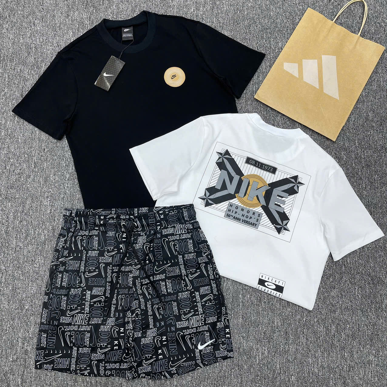 Bộ, set hè Nike NK họa tiết logo chữ Đen phối Trắng Like Auth NV