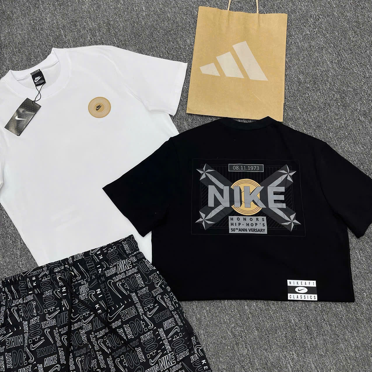 Bộ, set hè Nike NK họa tiết logo chữ Đen phối Trắng Like Auth NV