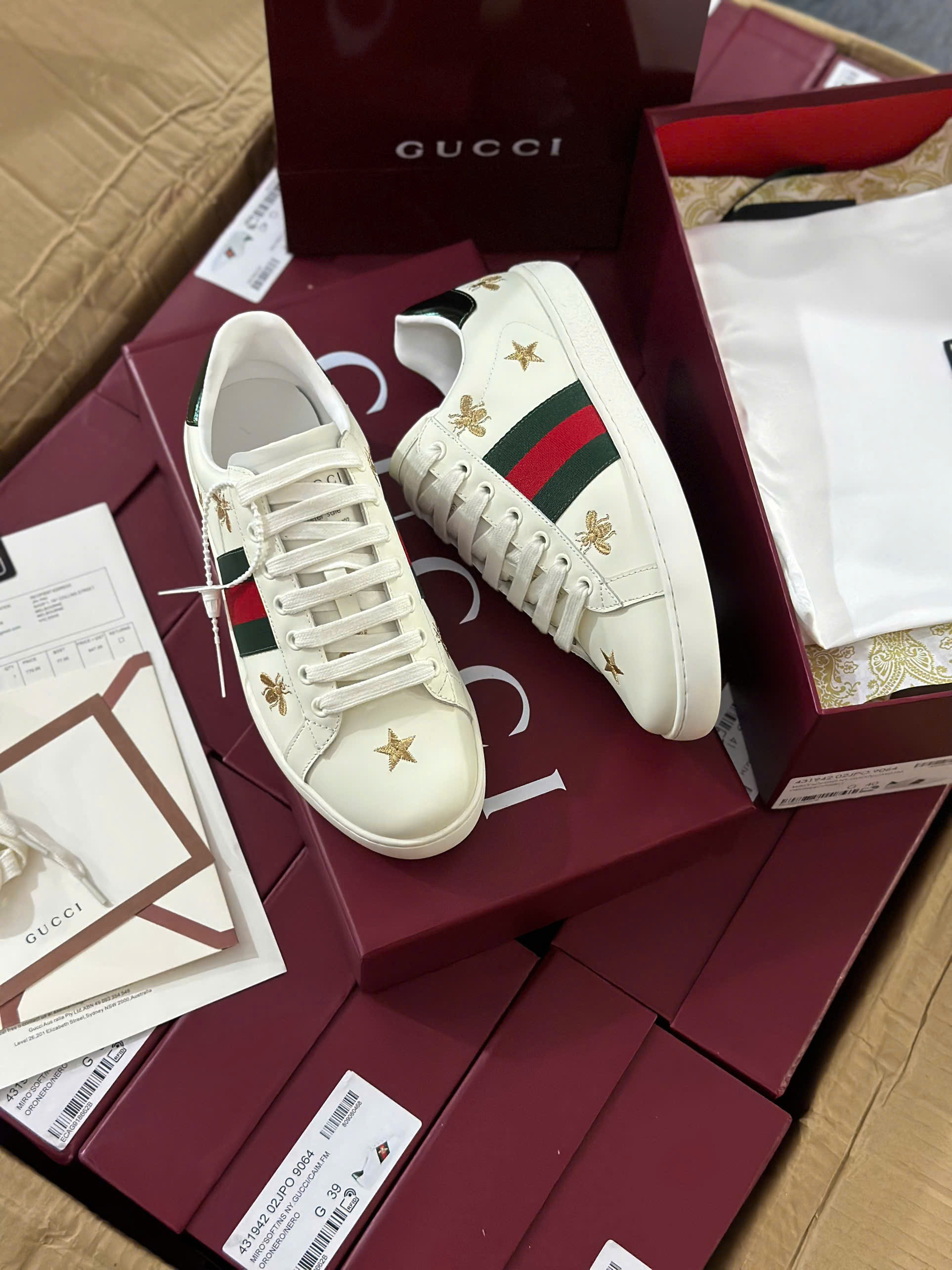 Giày sneaker Gucci GC Trắng họa tiết Ong Sao thêu phối kẻ sọc Xanh Đỏ sườn Like Auth fullbox bill thẻ HC