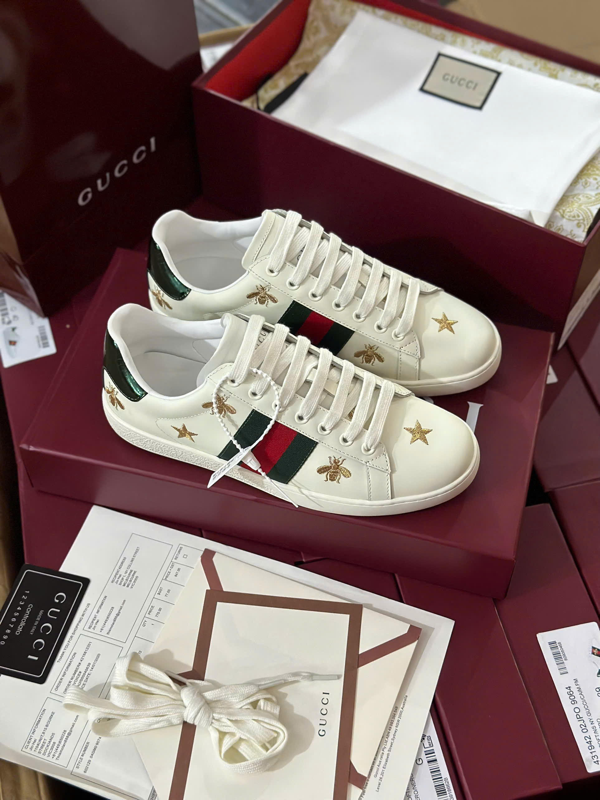 Giày sneaker Gucci GC Trắng họa tiết Ong Sao thêu phối kẻ sọc Xanh Đỏ sườn Like Auth fullbox bill thẻ HC