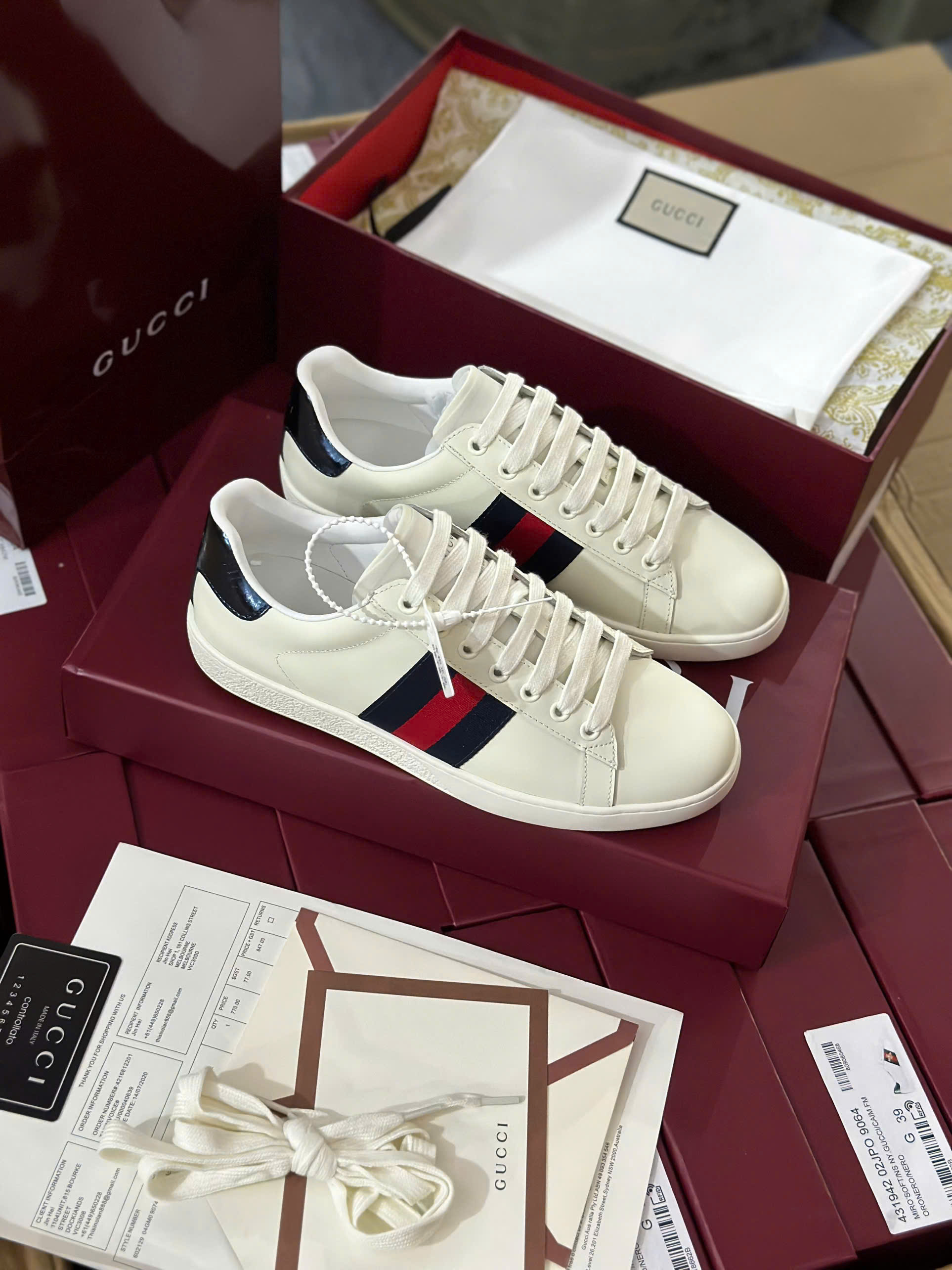 Giày sneaker Gucci GC Trắng kẻ sọc Xanh Đỏ sườn Like Auth fullbox HC