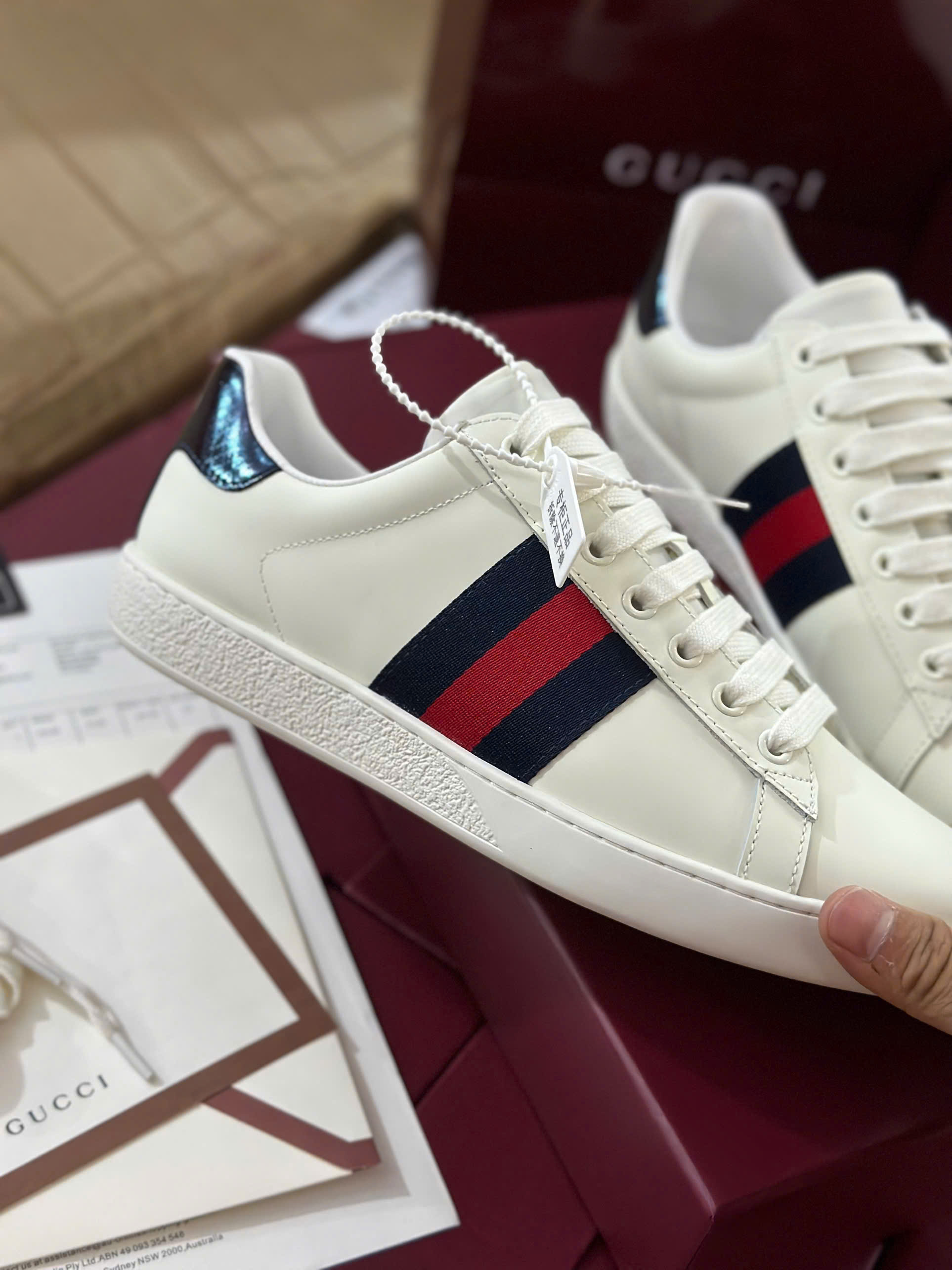 Giày sneaker Gucci GC Trắng kẻ sọc Xanh Đỏ sườn Like Auth fullbox HC