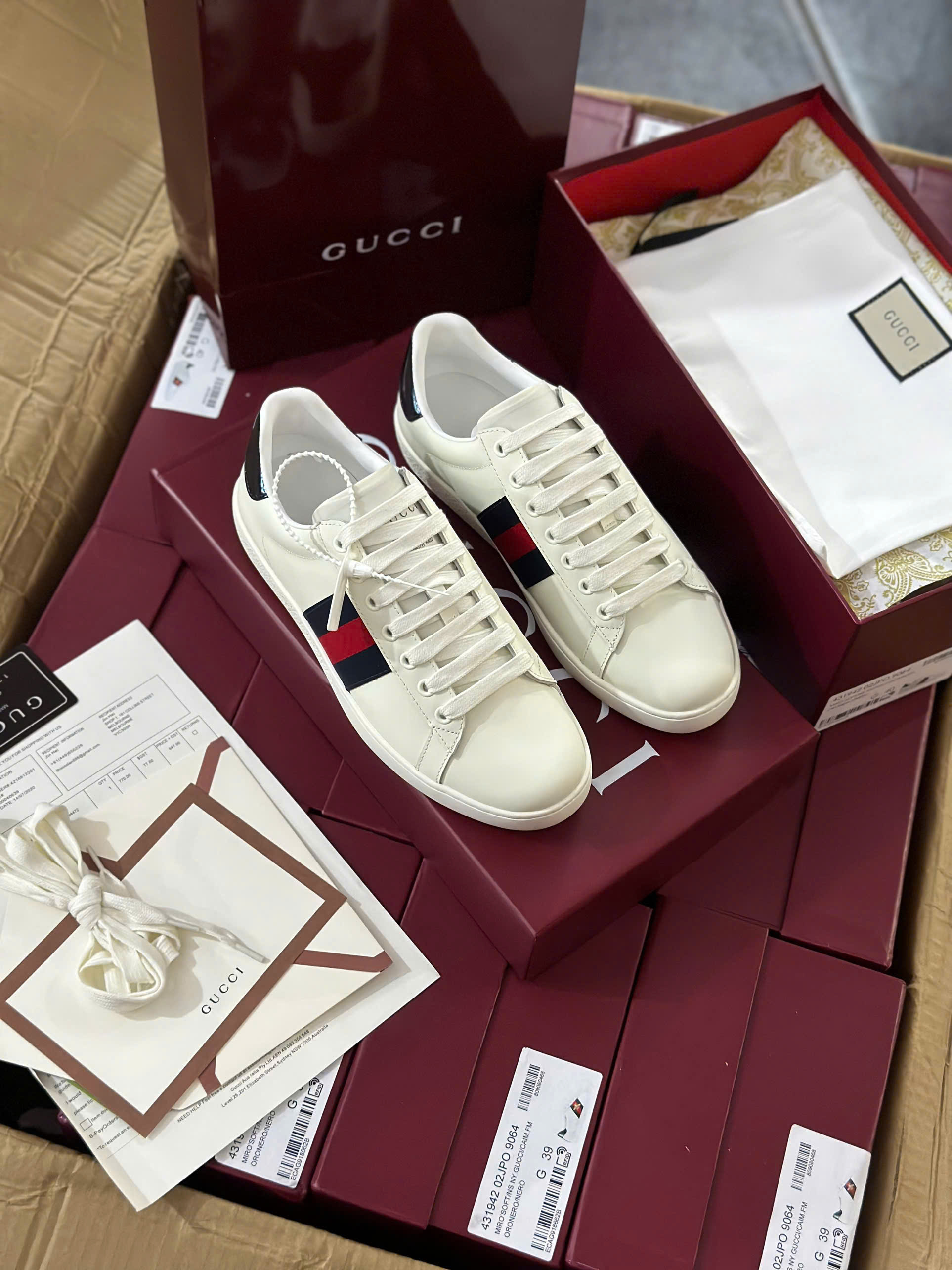 Giày sneaker Gucci GC Trắng kẻ sọc Xanh Đỏ sườn Like Auth fullbox HC