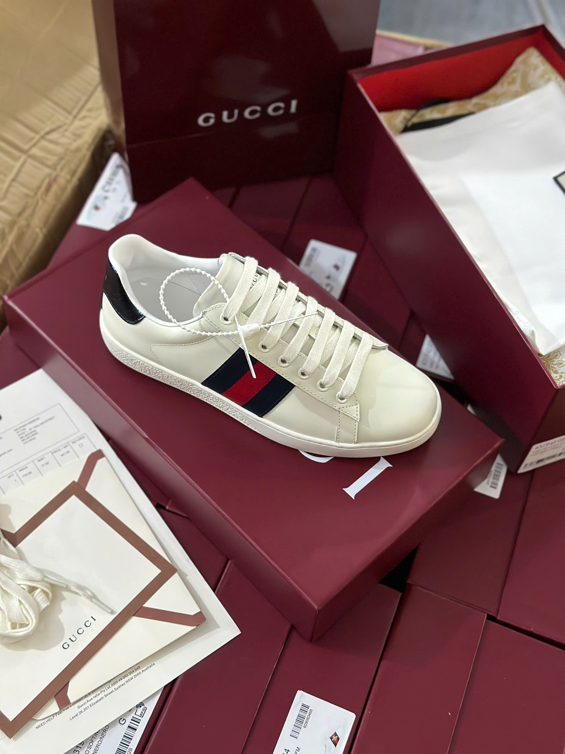 Giày sneaker Gucci GC Trắng kẻ sọc Xanh Đỏ sườn Like Auth fullbox HC