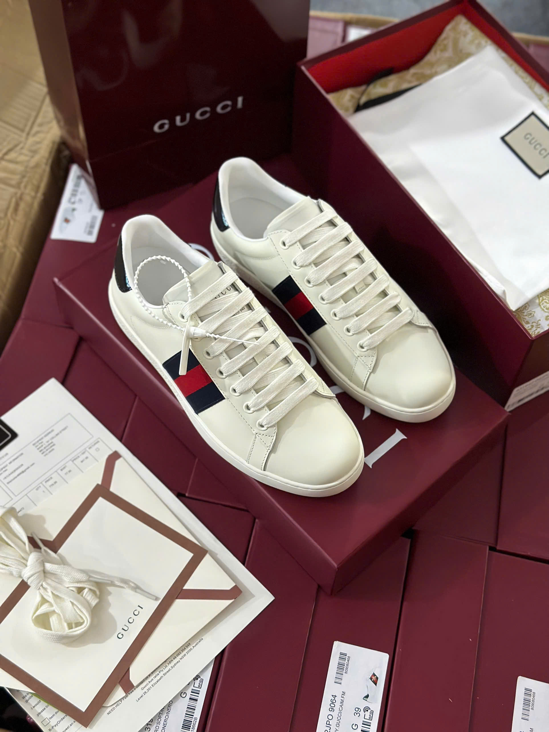 Giày sneaker Gucci GC Trắng kẻ sọc Xanh Đỏ sườn Like Auth fullbox HC