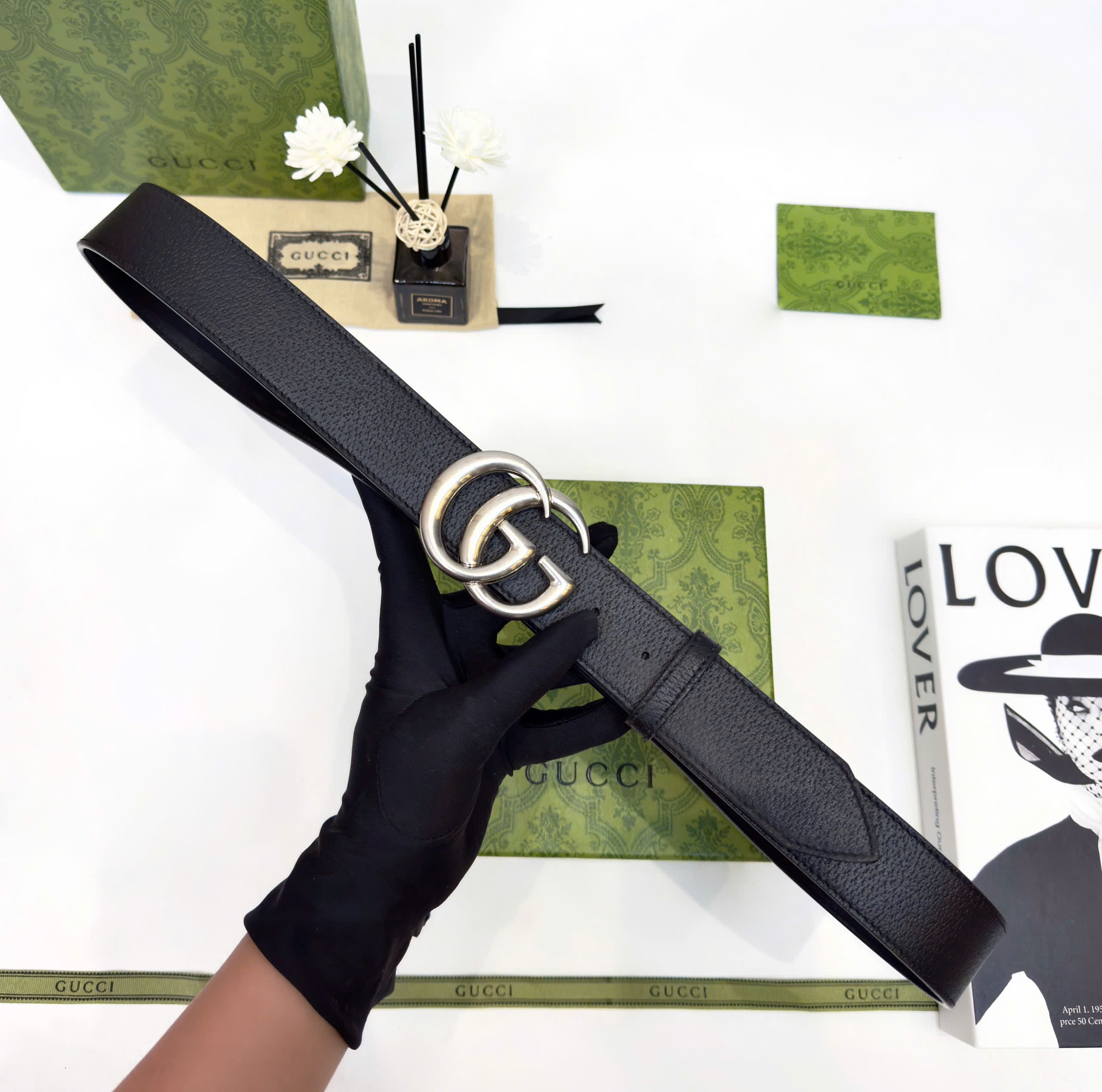 Thắt lưng, belt Gucci GC Đen mặt logo Bạc trơn 85-110cm Like Auth fullbox DDT