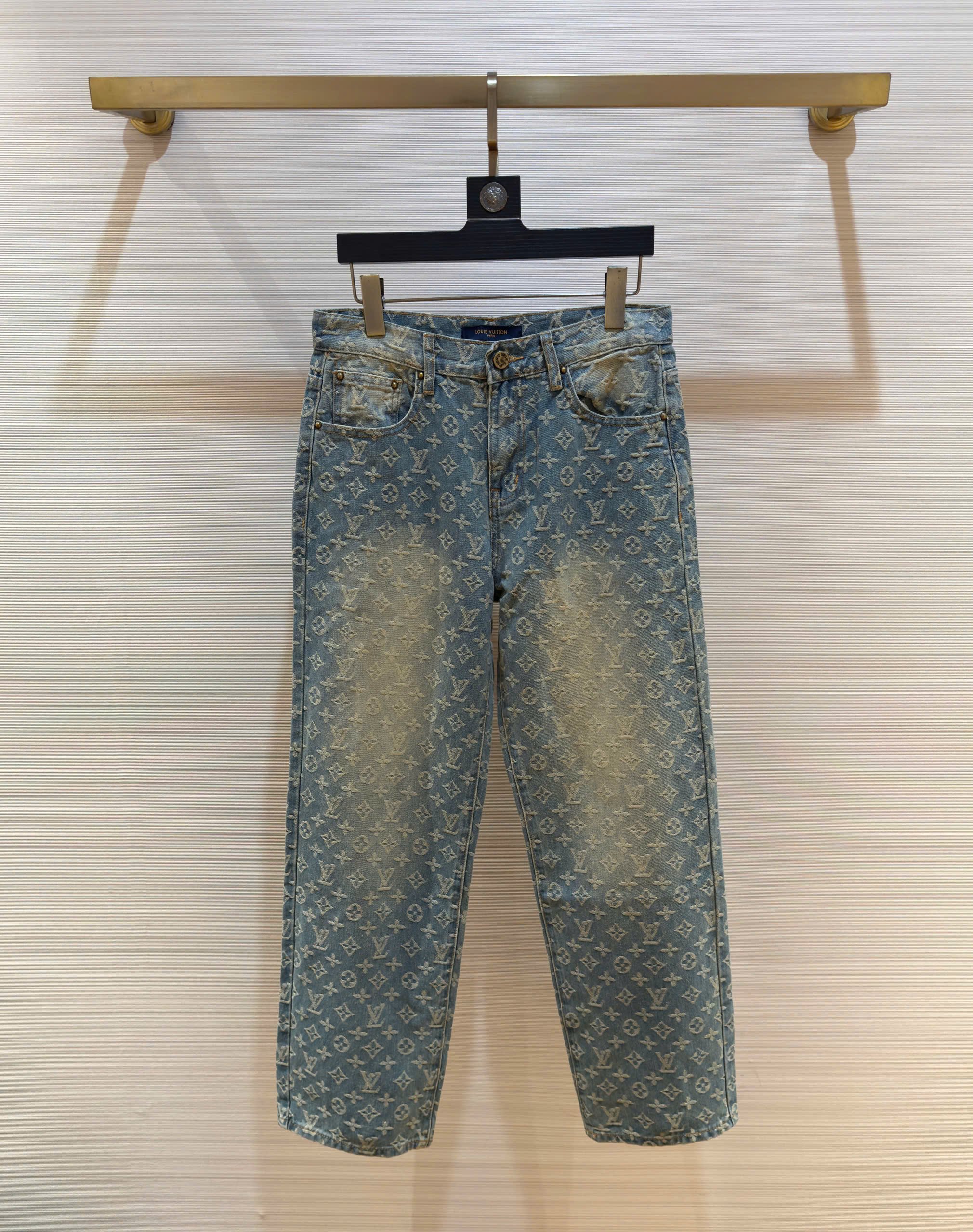 Quần jean suông Louis Vuitton LV Xanh rêu bạc họa tiết hoa vân logo rách mài full Like Auth DDT