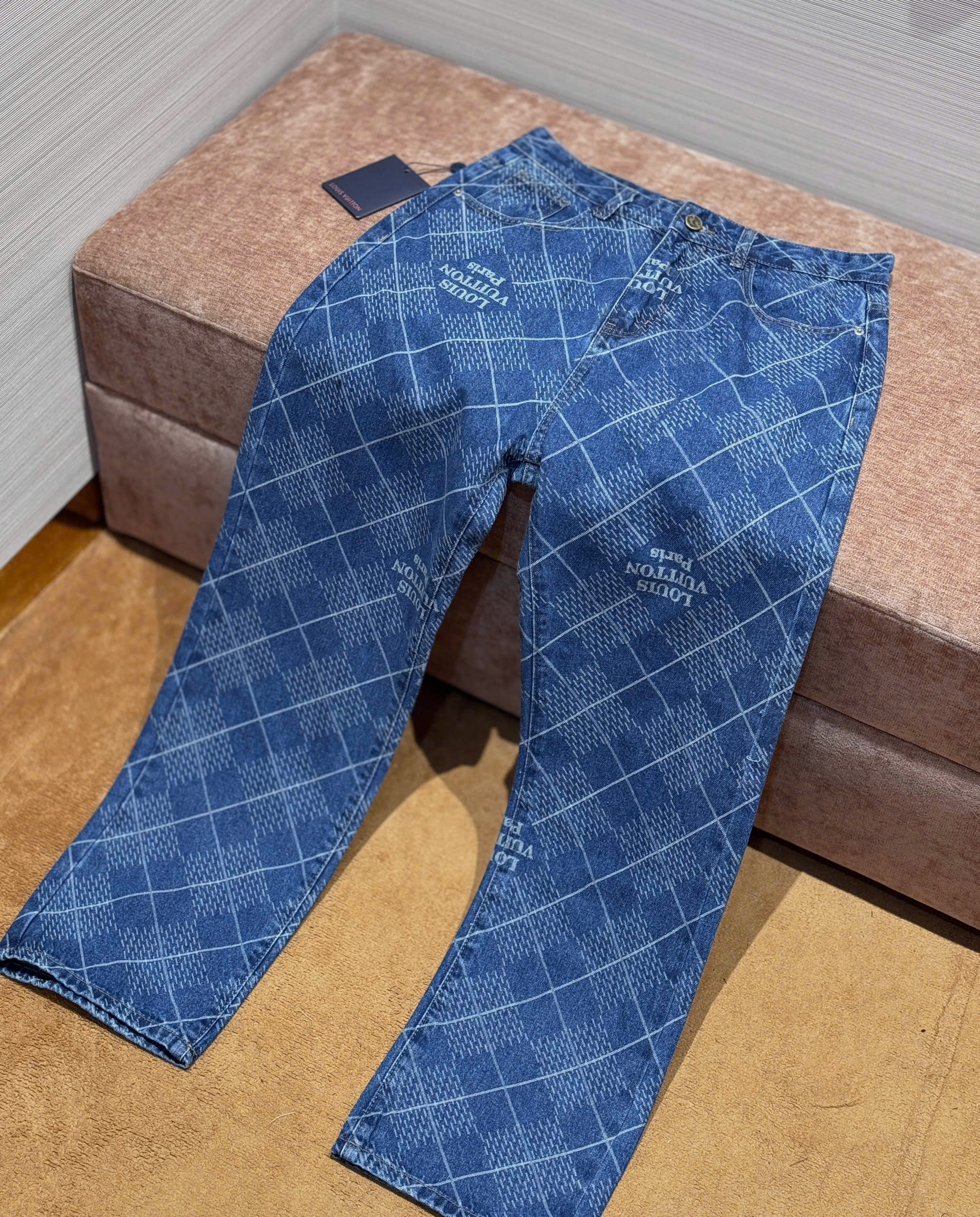 Quần jean suông Louis Vuitton LV Xanh họa tiết kẻ ô full Like Auth DDT