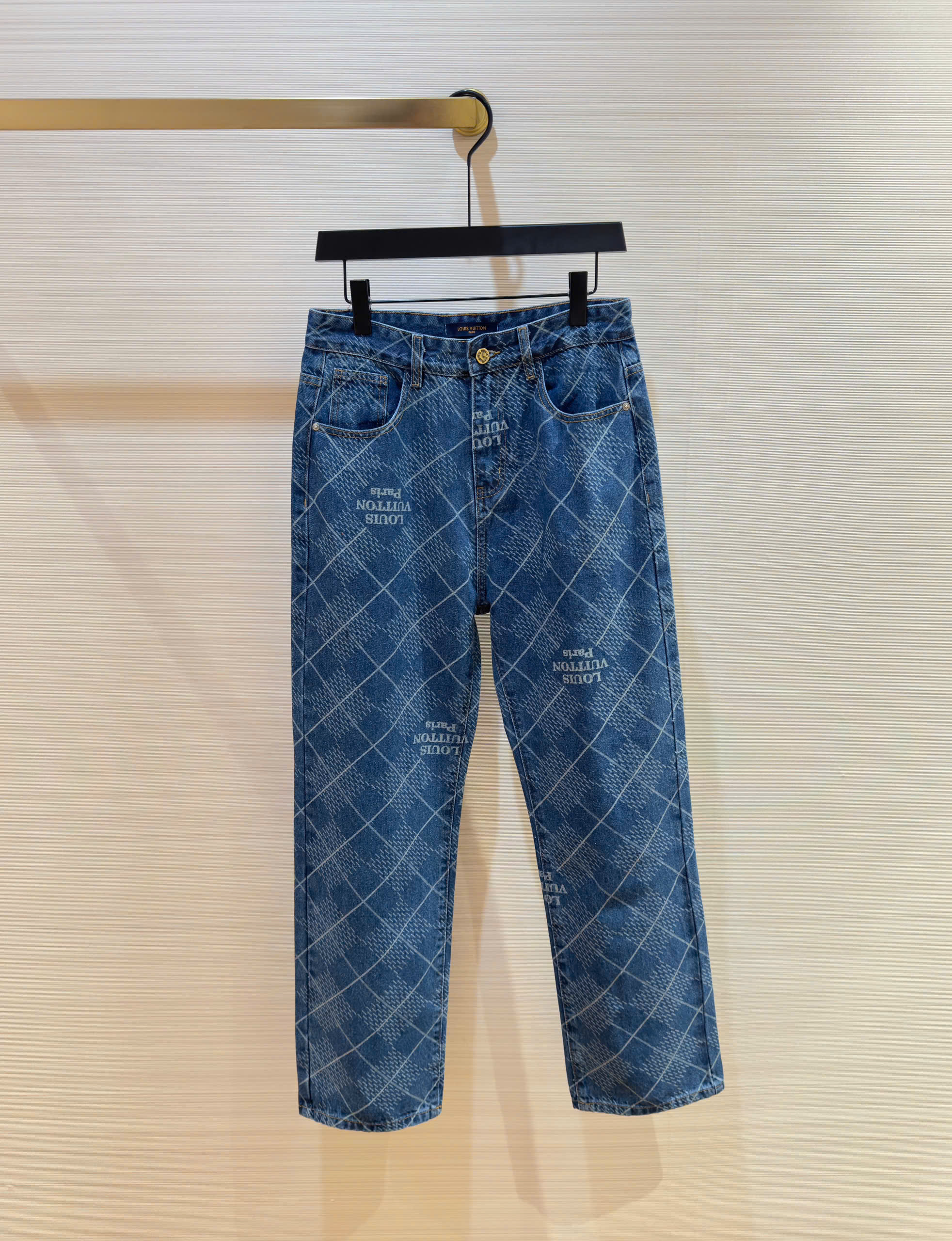 Quần jean suông Louis Vuitton LV Xanh họa tiết kẻ ô full Like Auth DDT