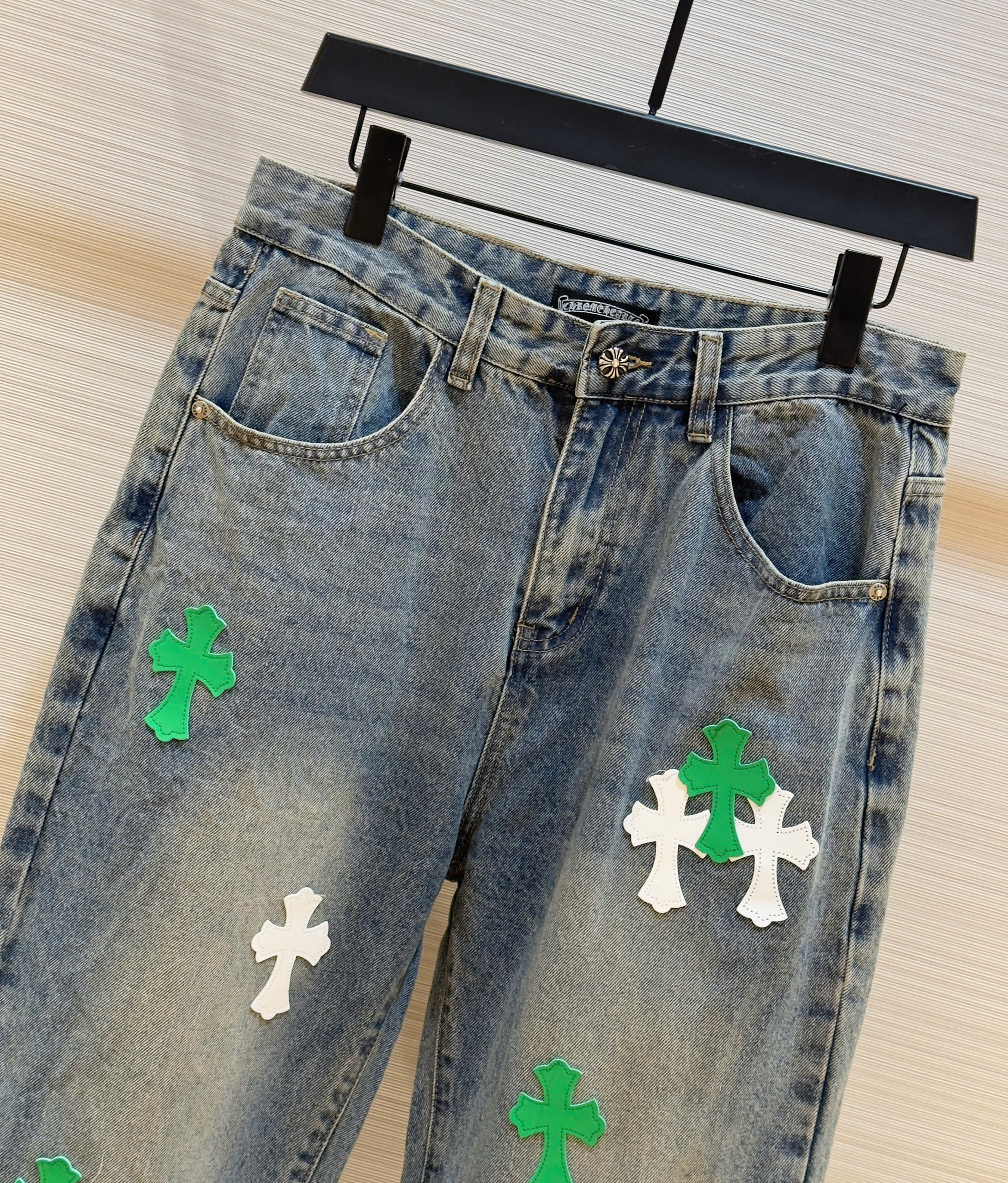 Quần jean suông Chrome Heart CH Xanh họa tiết chữ thập Xanh lá Trắng thêu Like Auth DDT