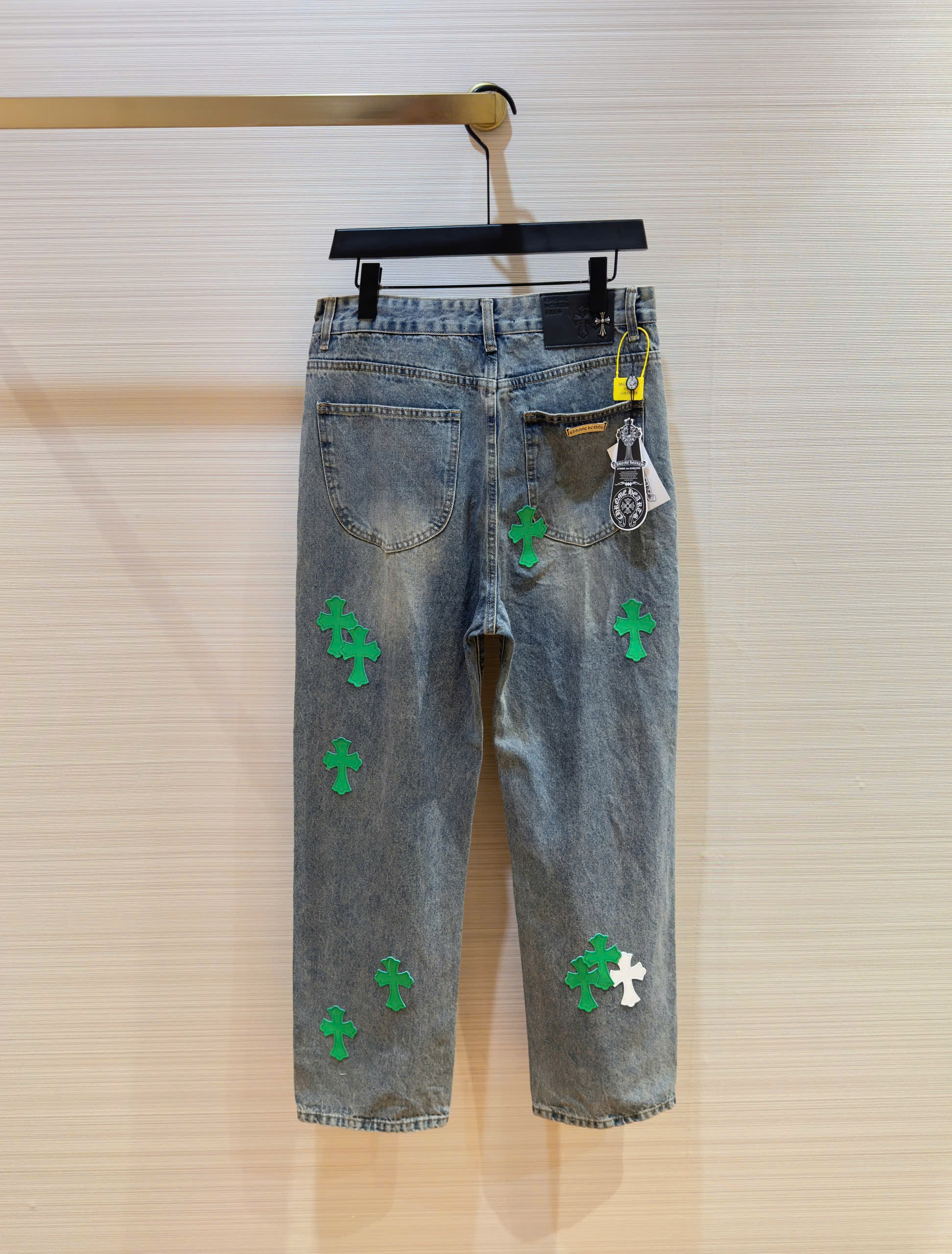 Quần jean suông Chrome Heart CH Xanh họa tiết chữ thập Xanh lá Trắng thêu Like Auth DDT