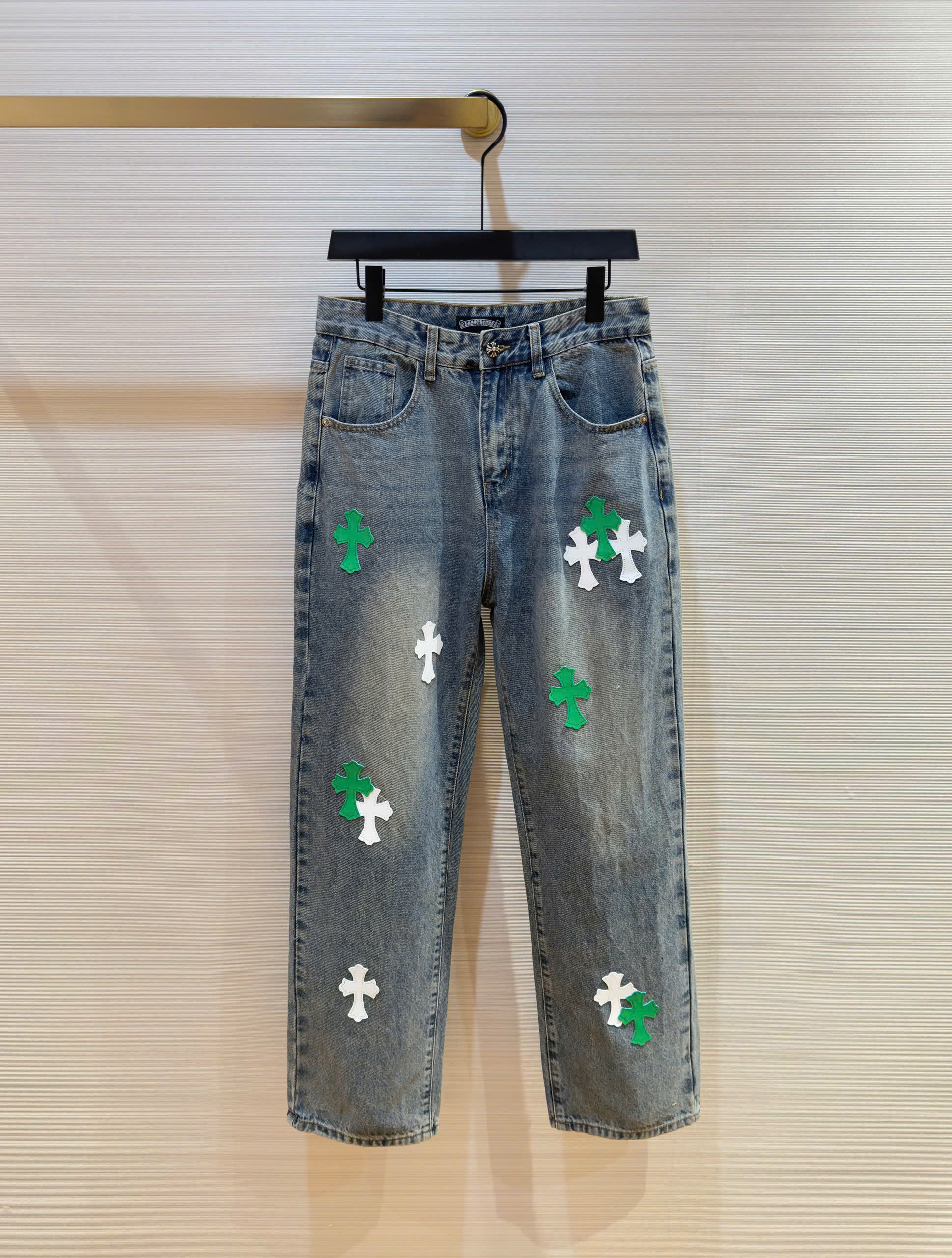 Quần jean suông Chrome Heart CH Xanh họa tiết chữ thập Xanh lá Trắng thêu Like Auth DDT