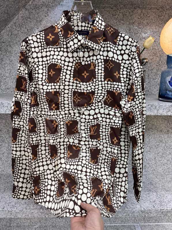 Áo sơ mi dài tay Louis Vuitton LV Nâu họa tiết hoa vân phối chấm bi Trắng Like Auth VTN