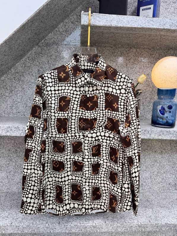 Áo sơ mi dài tay Louis Vuitton LV Nâu họa tiết hoa vân phối chấm bi Trắng Like Auth VTN