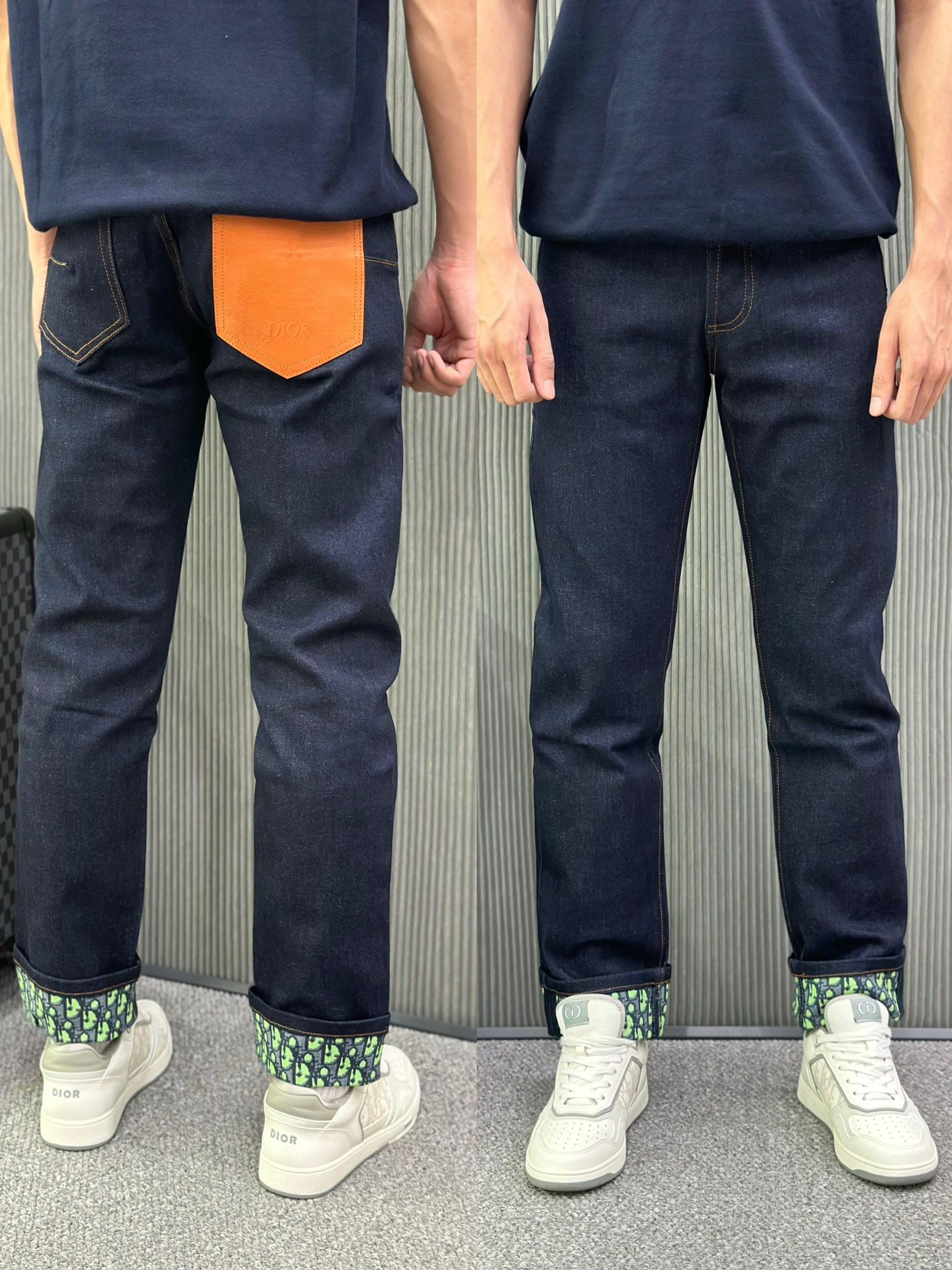 Quần Jean Dior CD Xanh than túi da Nâu họa tiết gấu Like Auth VTN