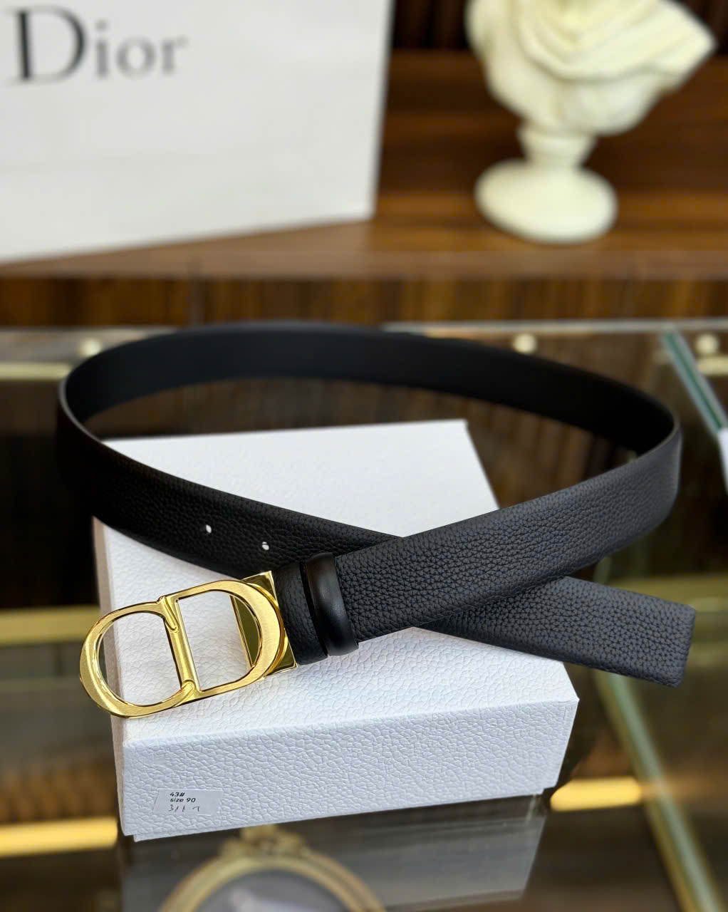 Thắt lưng, belt Dior CD Đen logo mặt Vàng trơn Like Auth LK