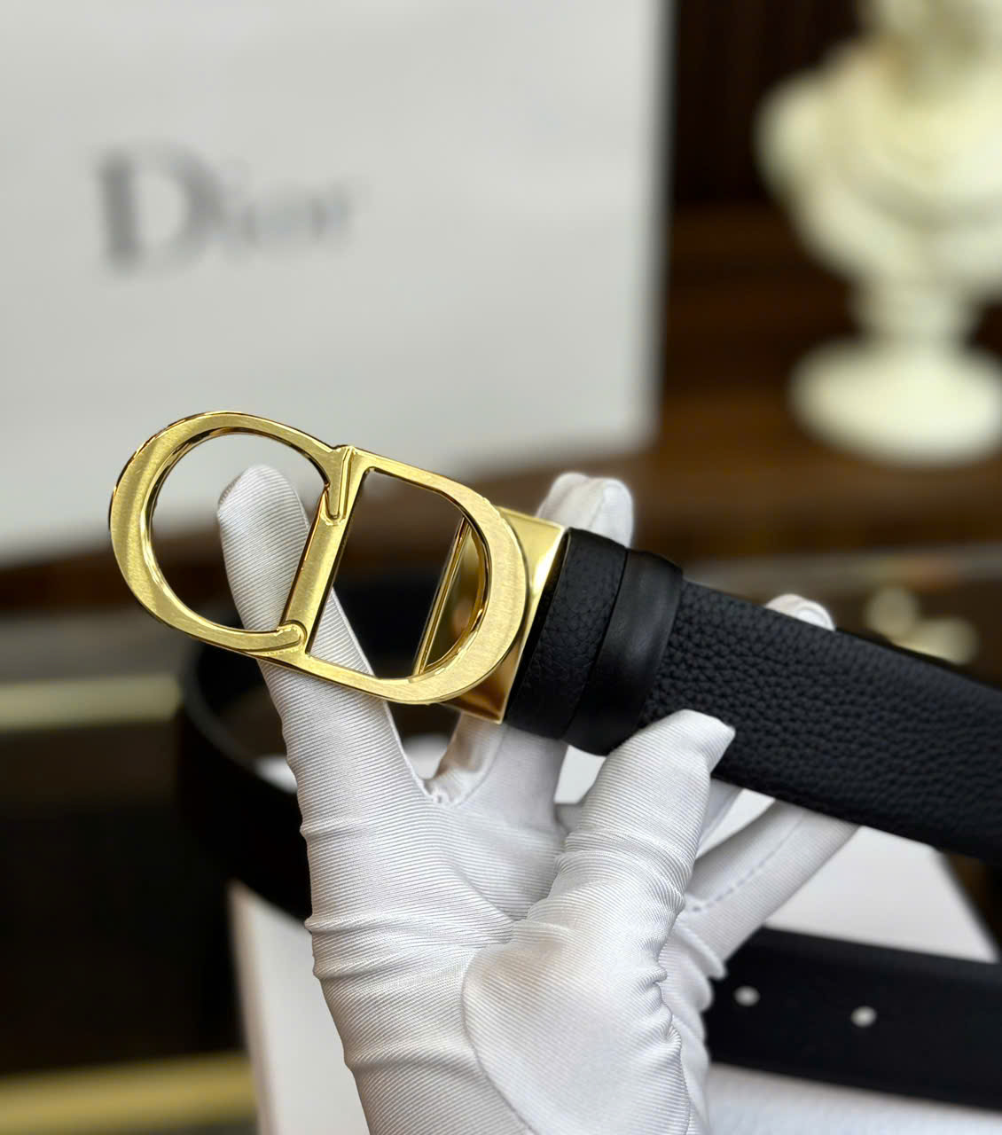 Thắt lưng, belt Dior CD Đen logo mặt Vàng trơn Like Auth LK