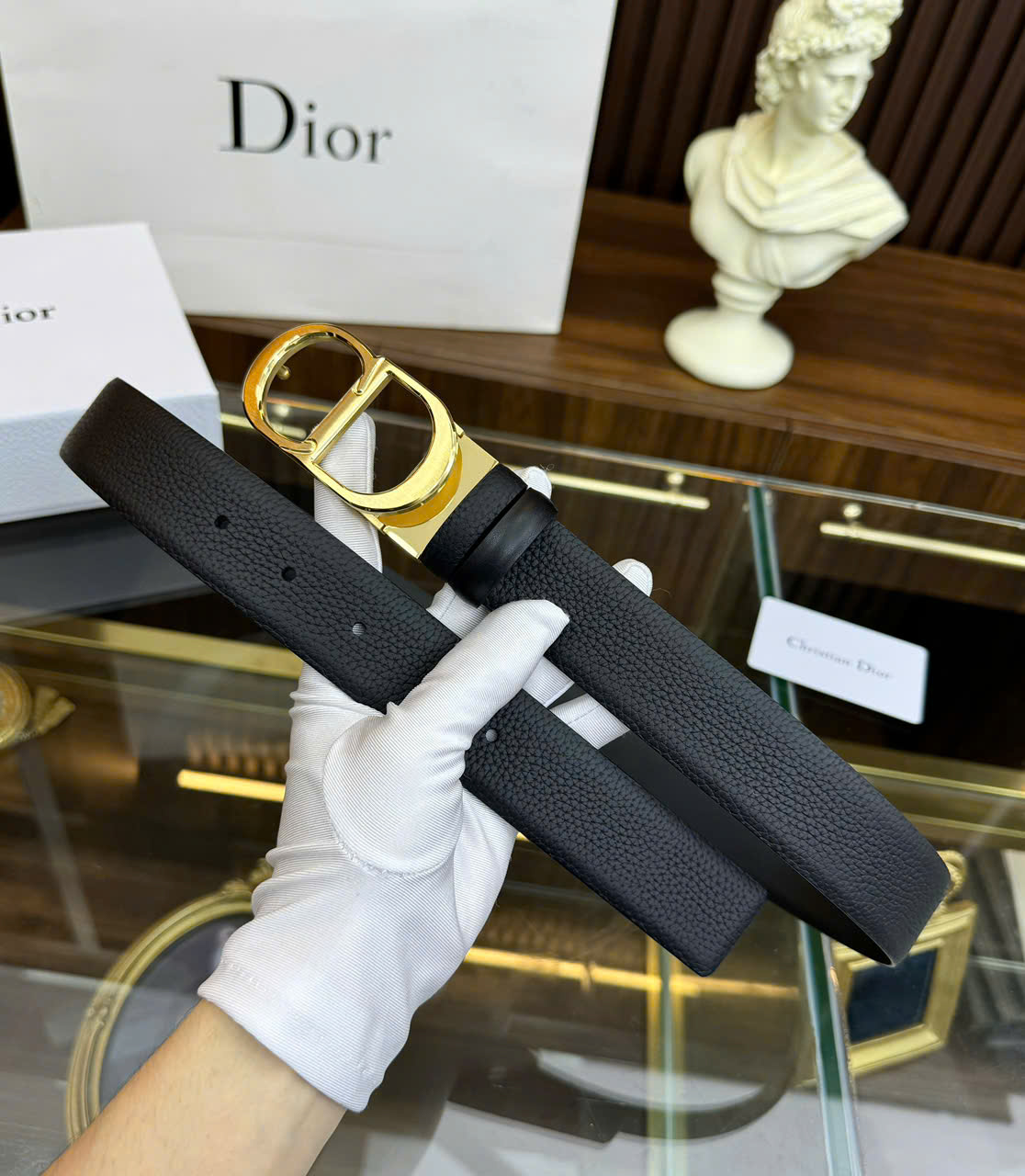 Thắt lưng, belt Dior CD Đen logo mặt Vàng trơn Like Auth LK