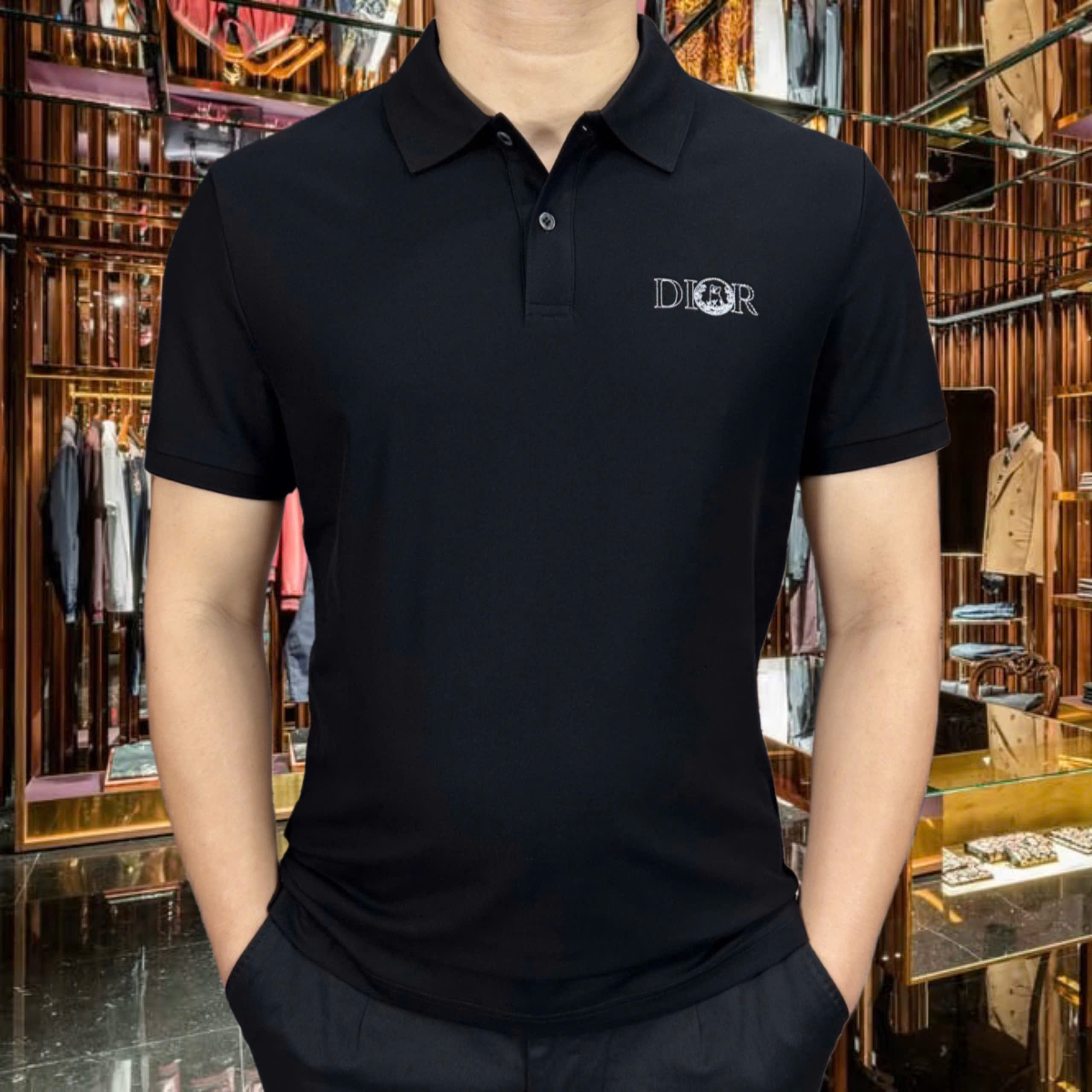 Áo polo Dior CD Đen logo chữ chỉ thêu ngực Like Auth MK