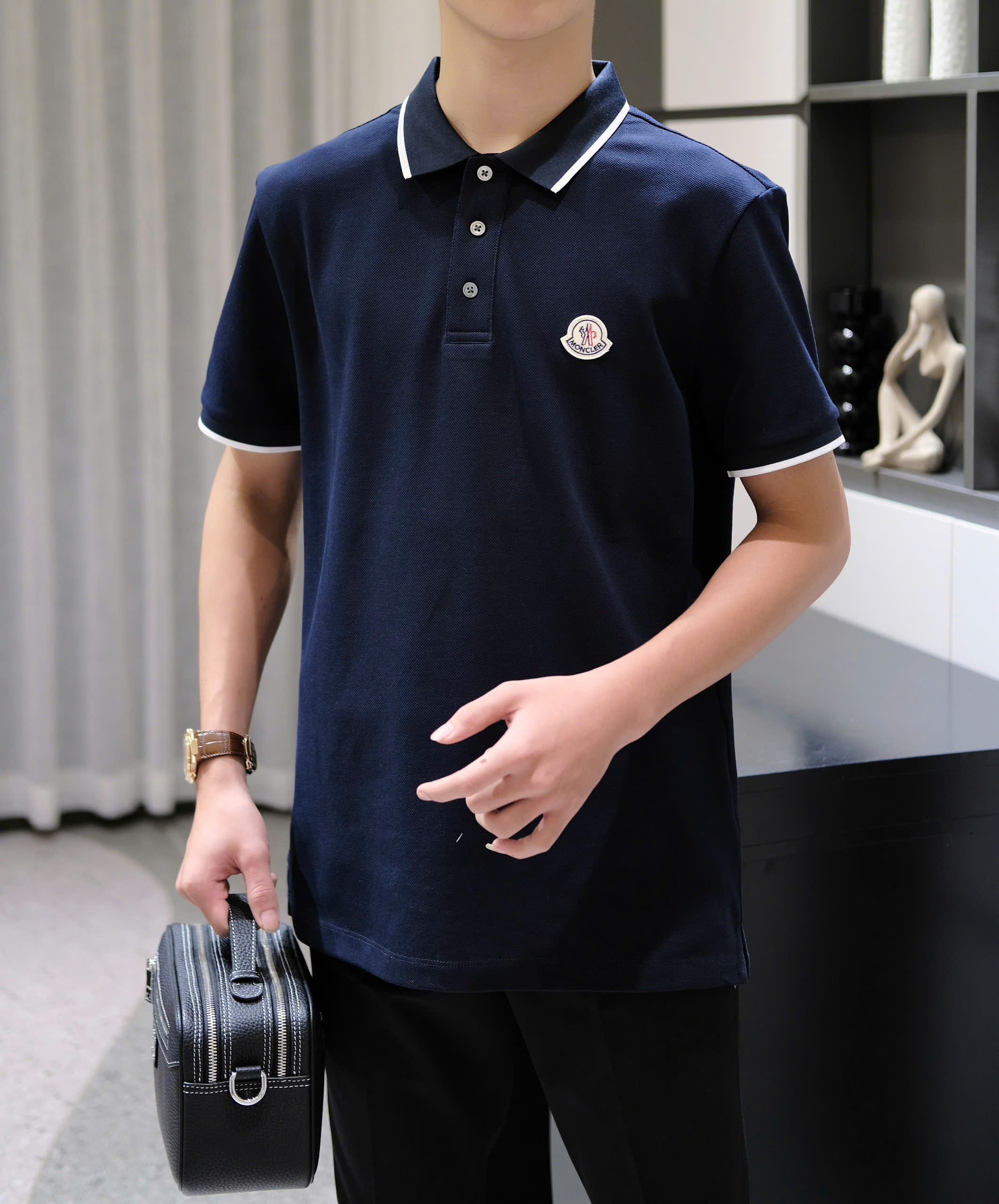 Áo polo Moncler M Xanh than logo tròn thêu ngực kẻ sọc viền cổ tay Like Auth DDT