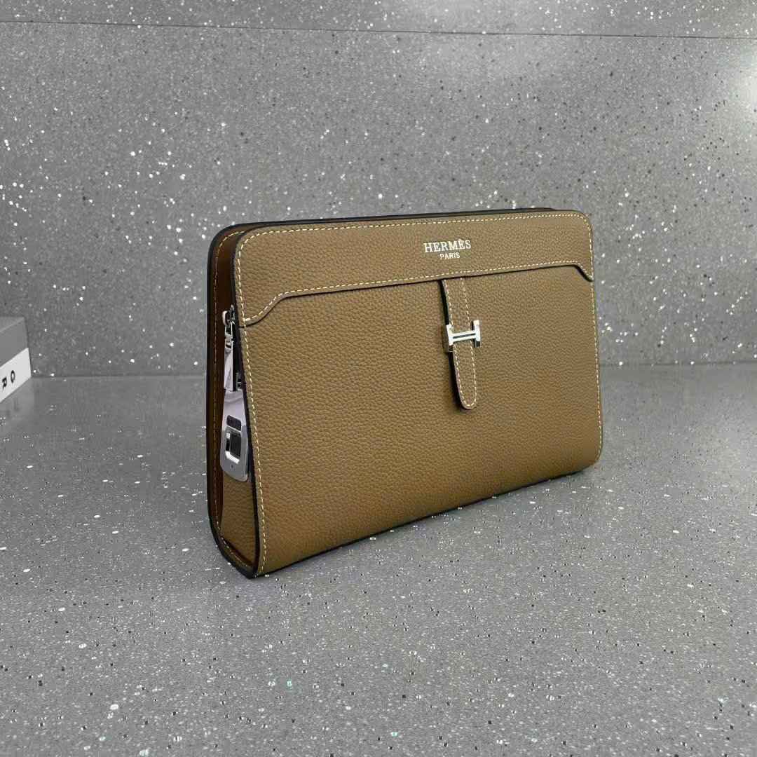 Túi Clutch cầm tay Hermes HM Nâu khóa vân tay size 27x18x6cm Like Auth fullbox PLD