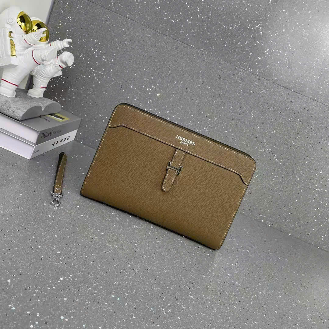 Túi Clutch cầm tay Hermes HM Nâu khóa vân tay size 27x18x6cm Like Auth fullbox PLD