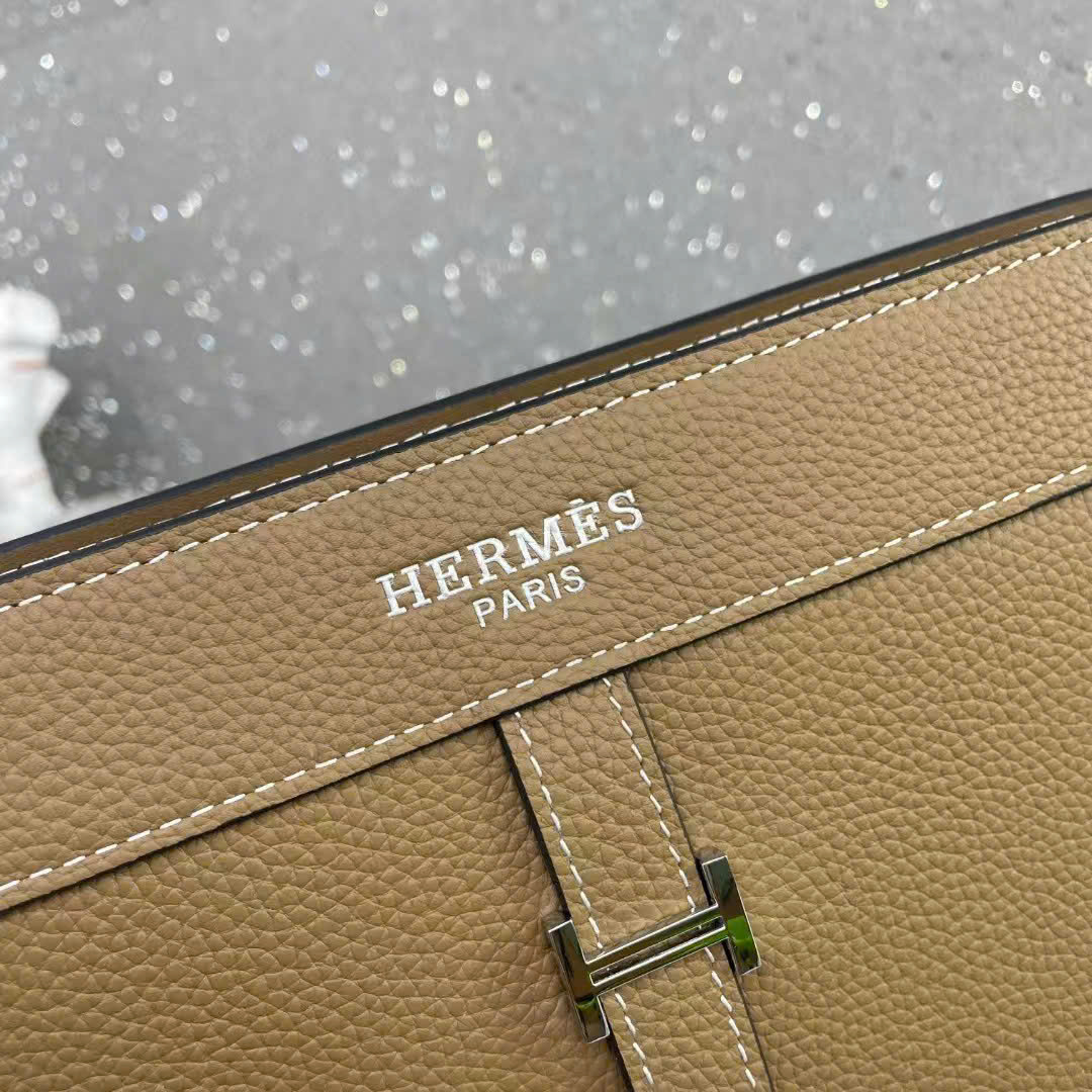 Túi Clutch cầm tay Hermes HM Nâu khóa vân tay size 27x18x6cm Like Auth fullbox PLD