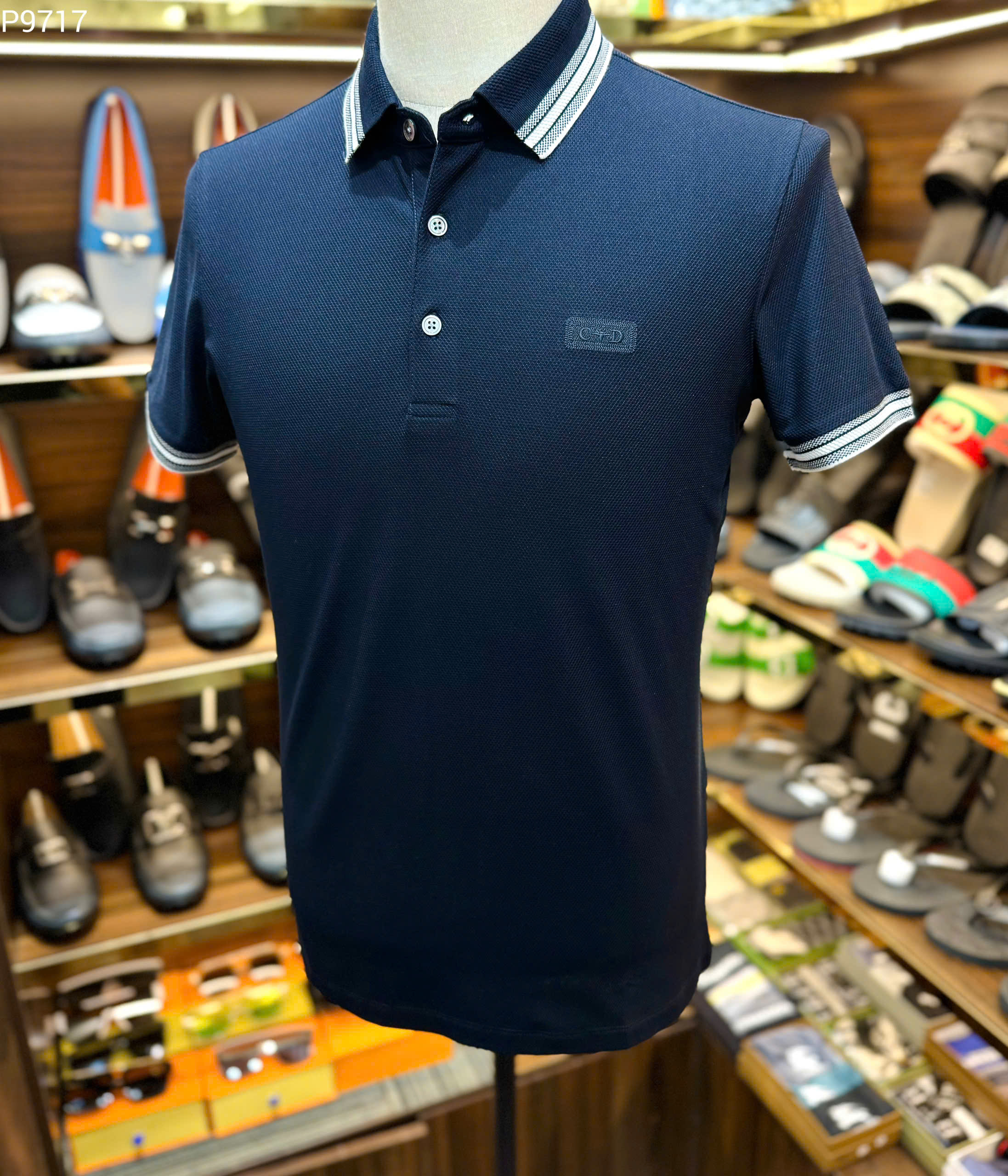 Áo polo Dior CD Xanh than logo thêu ngực kẻ sọc viền cổ tay Like Auth MK