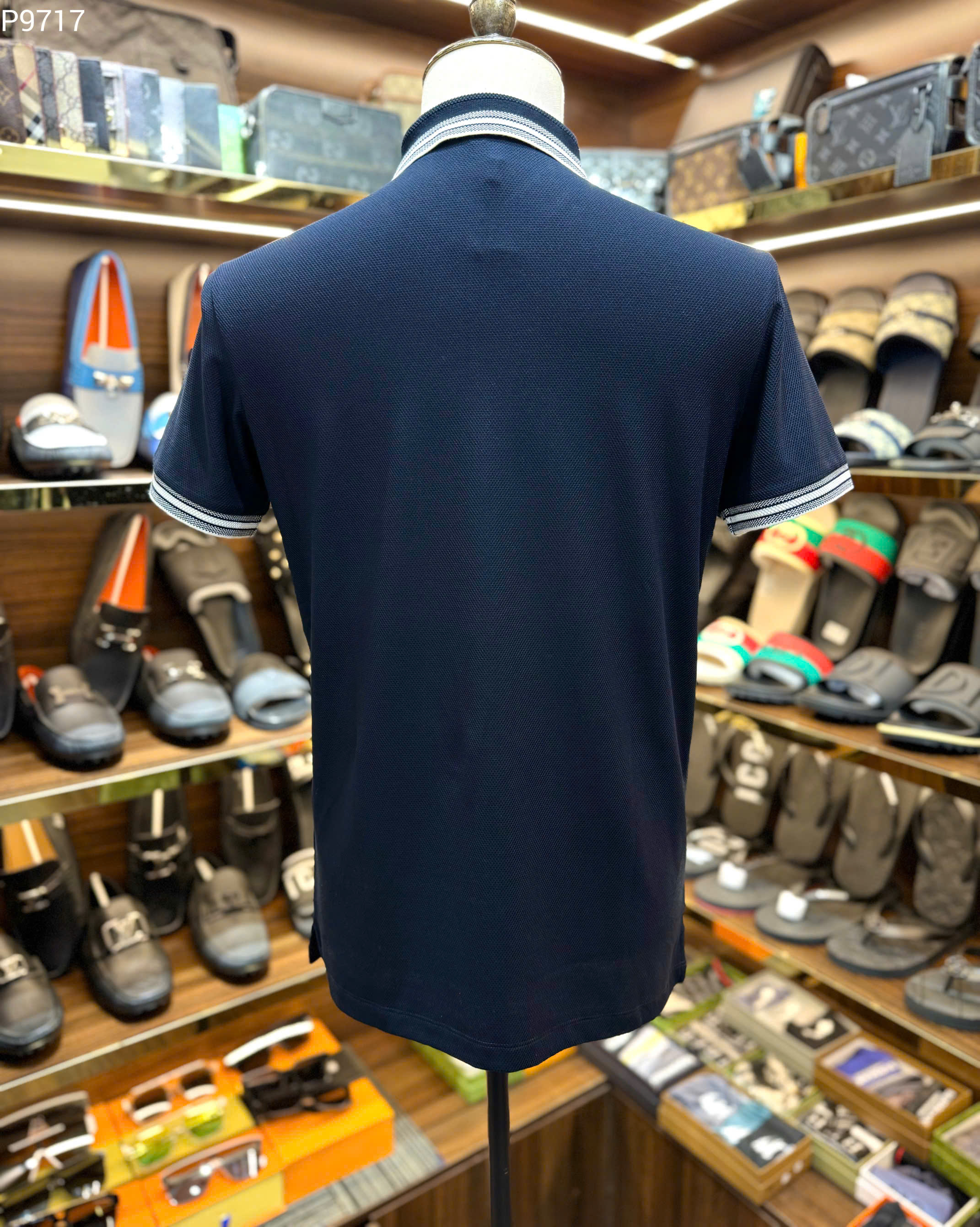 Áo polo Dior CD Xanh than logo thêu ngực kẻ sọc viền cổ tay Like Auth MK