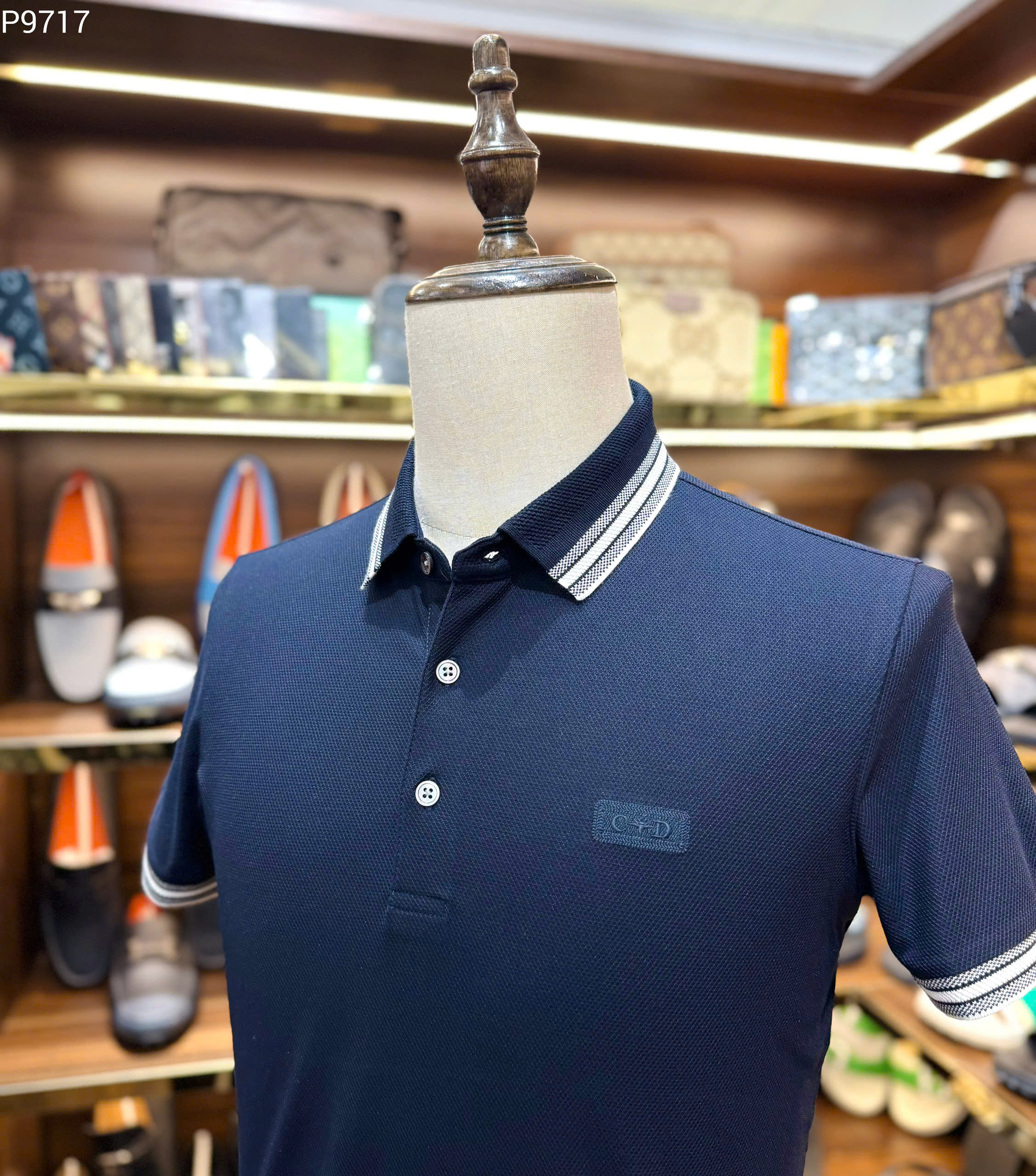 Áo polo Dior CD Xanh than logo thêu ngực kẻ sọc viền cổ tay Like Auth MK
