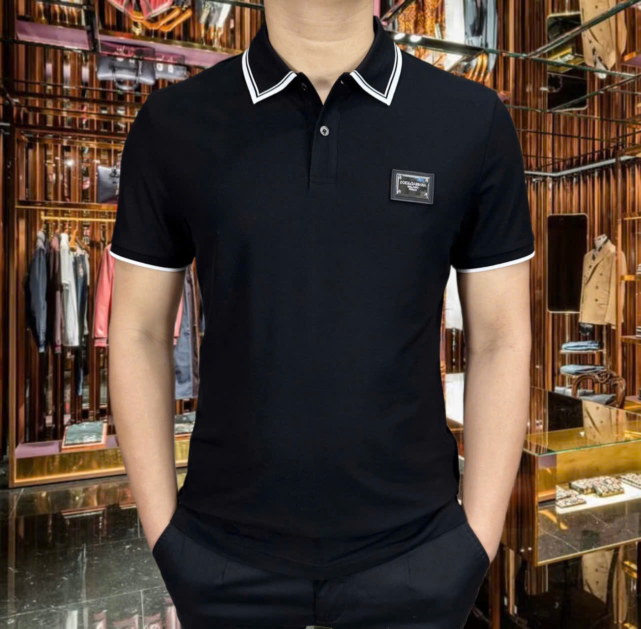 Áo polo Dolce Gabbana DG tag logo vuông thêu ngực phối kẻ sọc cổ tay Like Auth MK