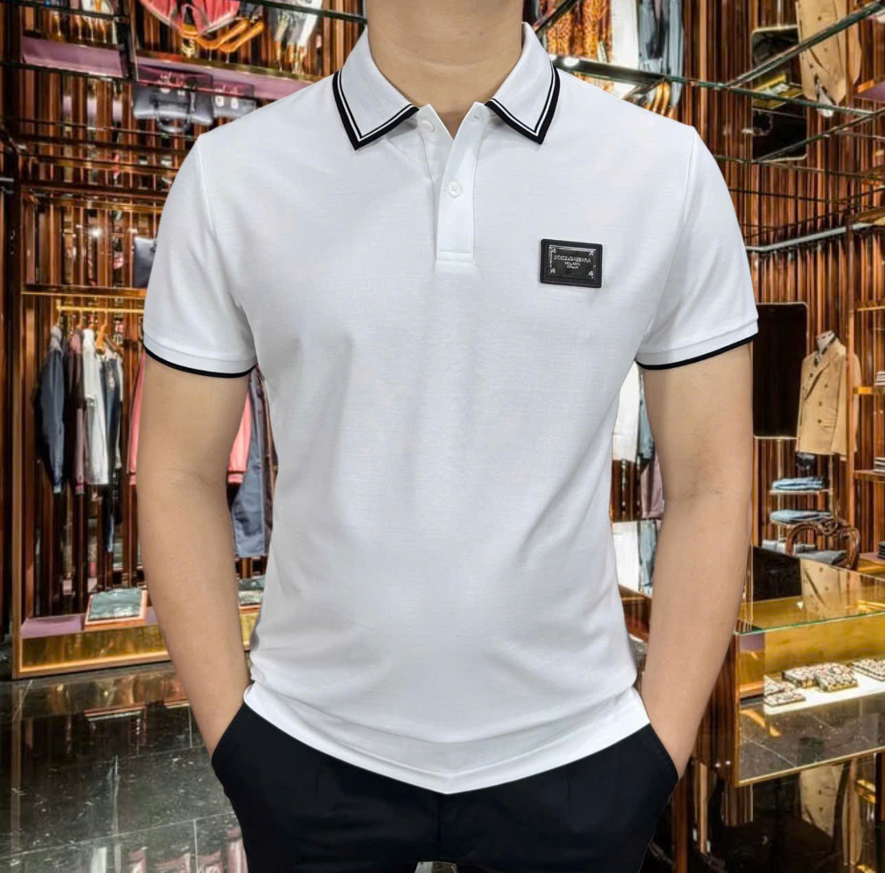 Áo polo Dolce Gabbana DG tag logo vuông thêu ngực phối kẻ sọc cổ tay Like Auth MK