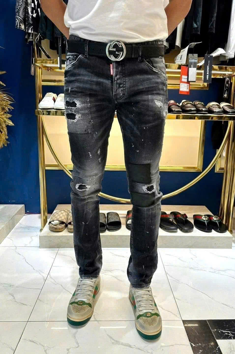 Quần jean Dsquared2 DSQ2 Đen rách mài vá loang Trắng Like Auth NV