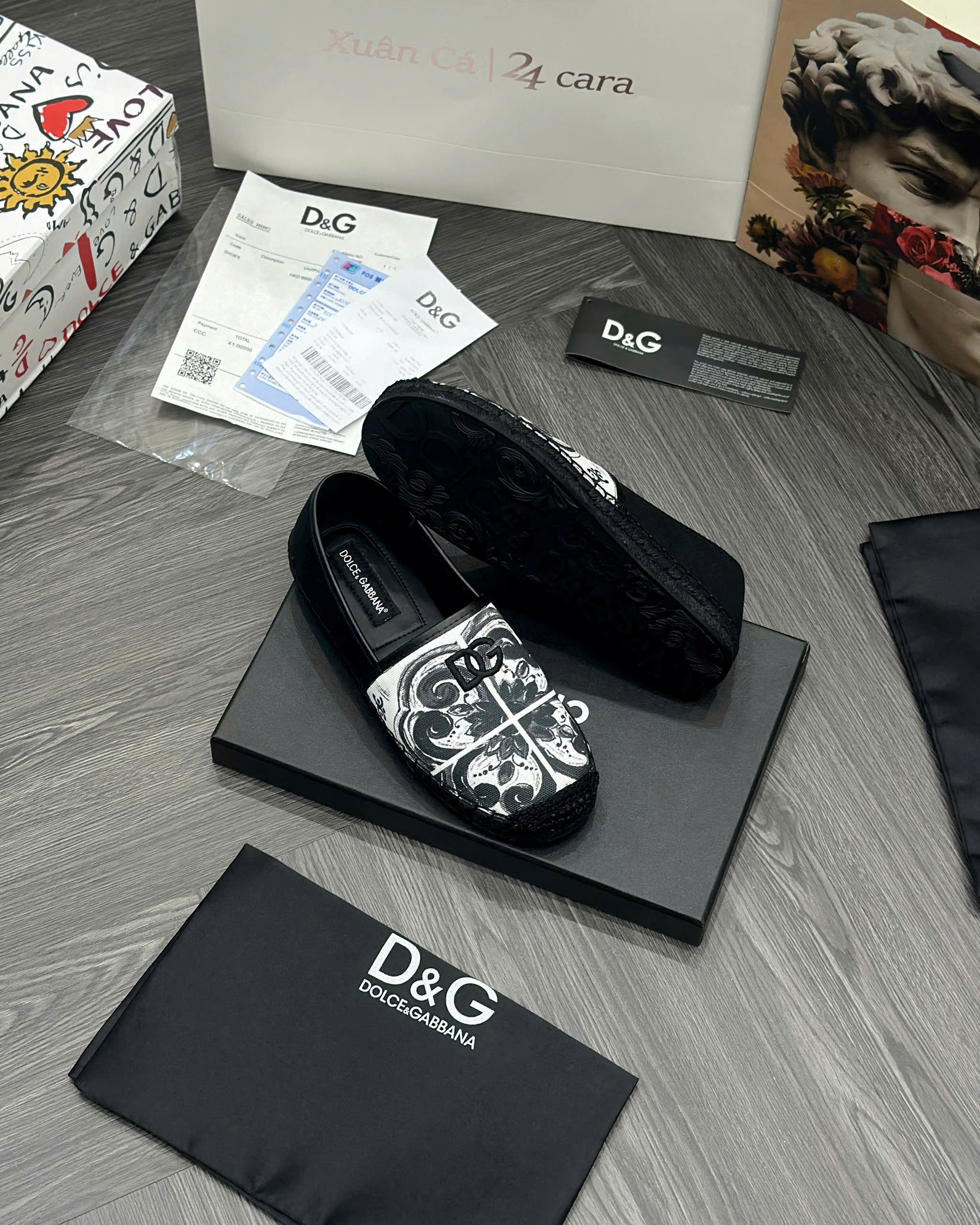 Giày slipon cói Dolce Gabbana DG Đen loang Trắng MK MVT