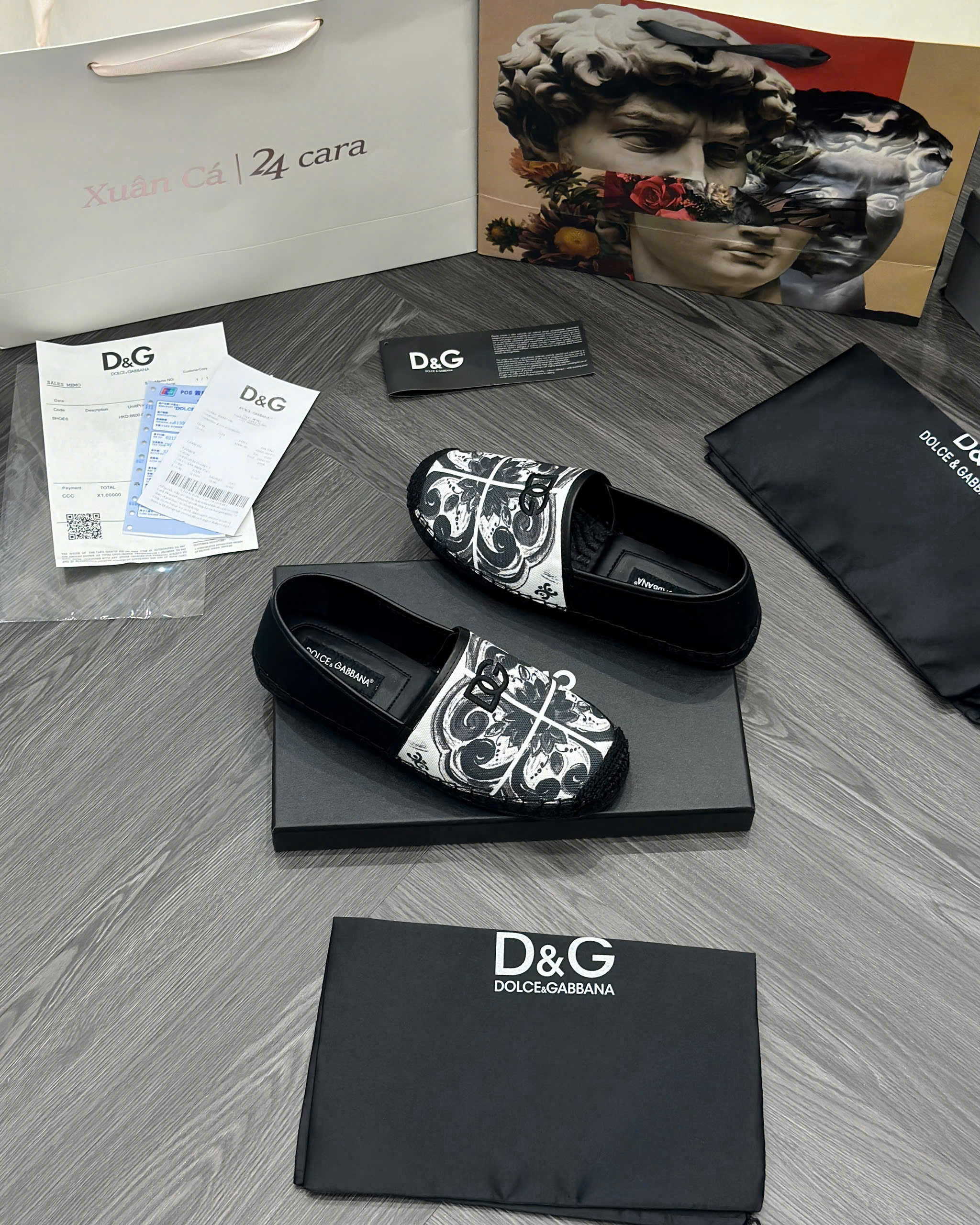 Giày slipon cói Dolce Gabbana DG Đen loang Trắng MK MVT