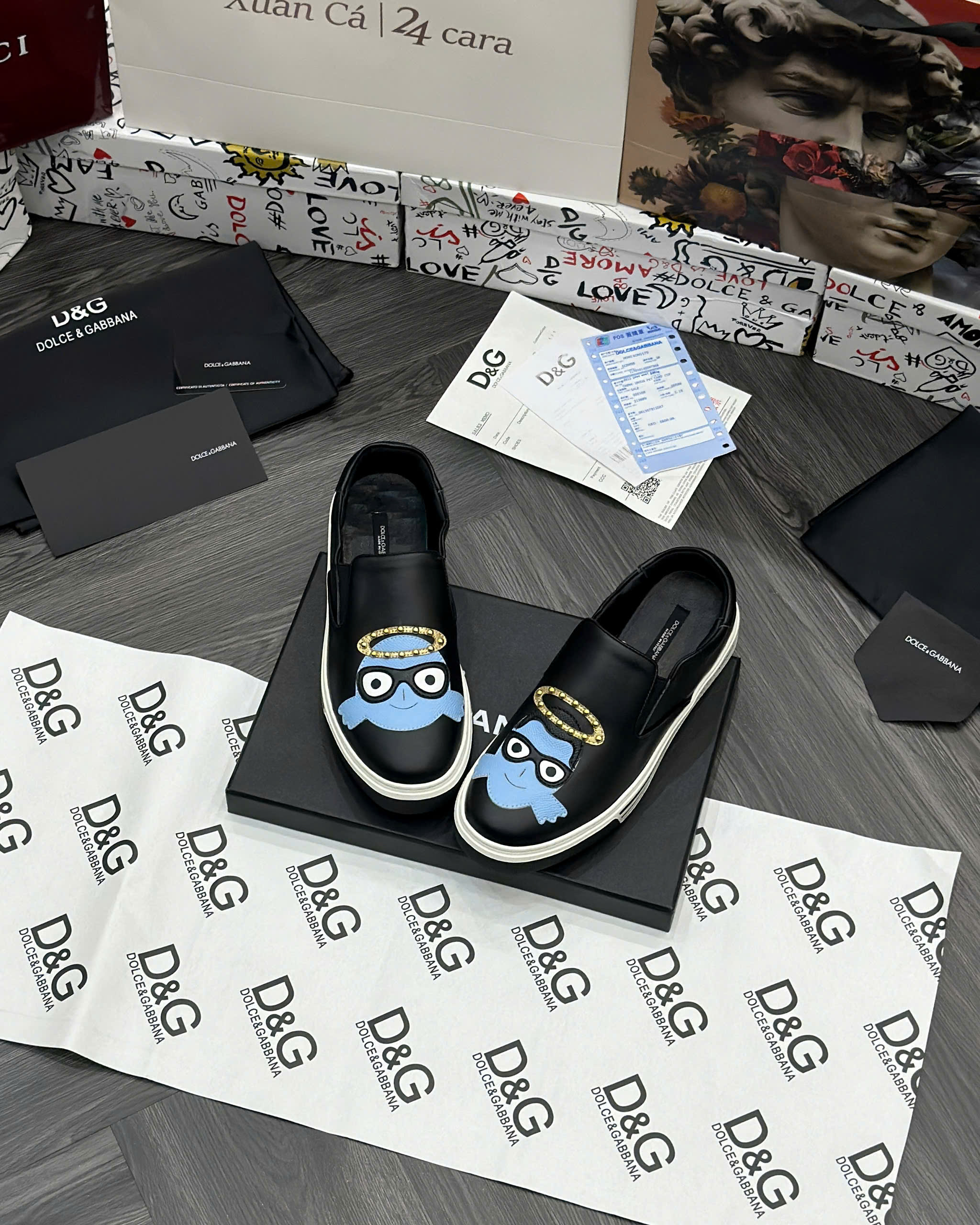 Giày slipon Dolce Gabbana DG Den logo mặt thiên thần Xanh đính đinh Like Auth fullbox MVT