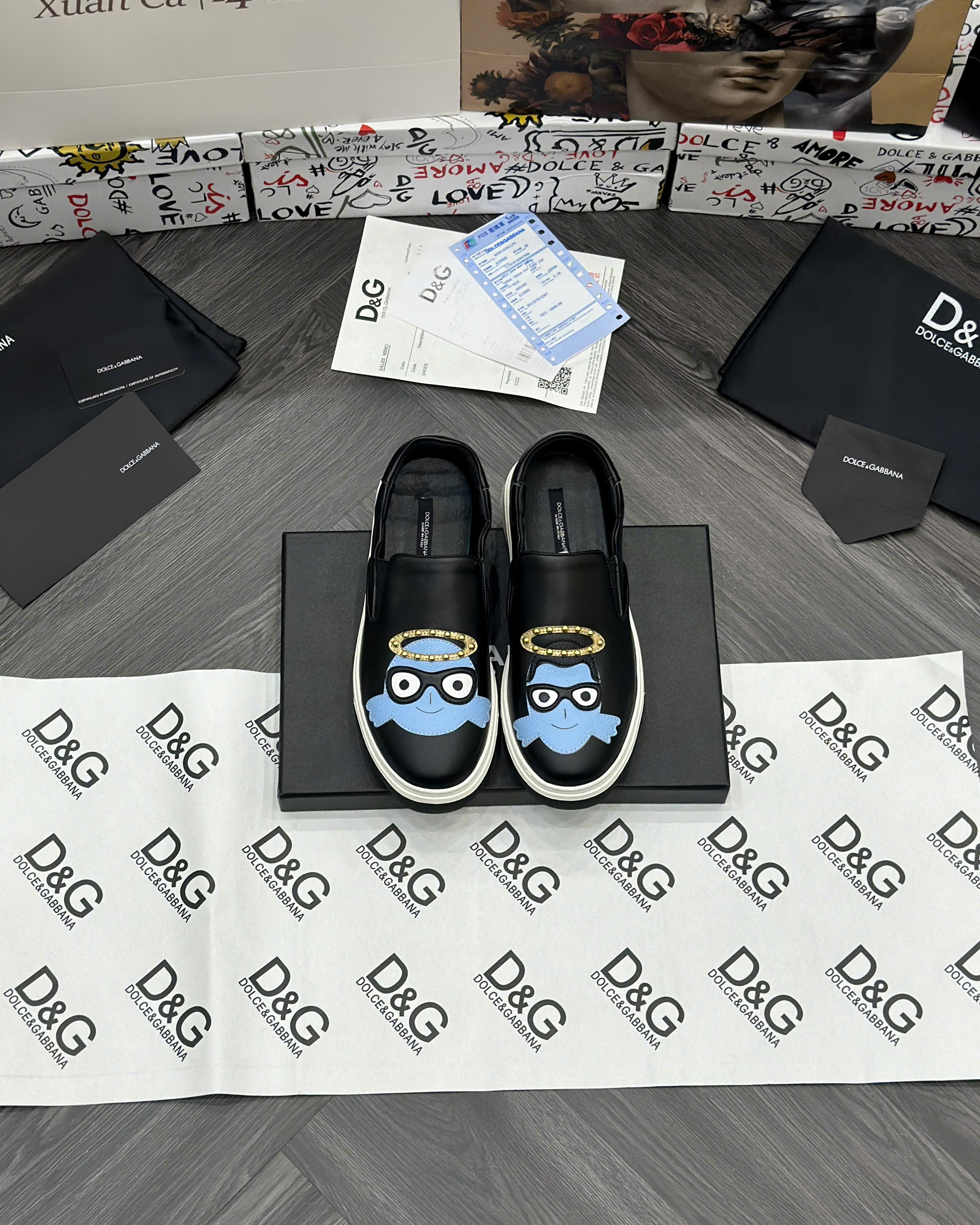 Giày slipon Dolce Gabbana DG Den logo mặt thiên thần Xanh đính đinh Like Auth fullbox MVT